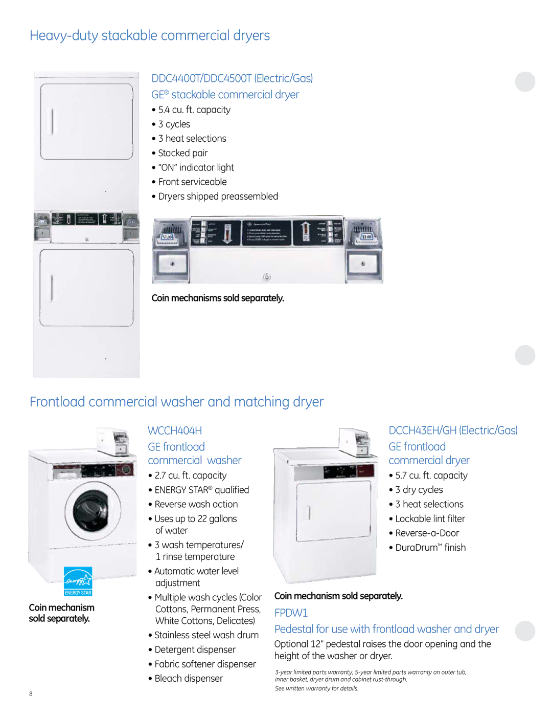 GE Heavy-duty stackable commercial dryers, Frontload commercial washer and matching dryer, Dcch43eH/gH Electric/Gas 