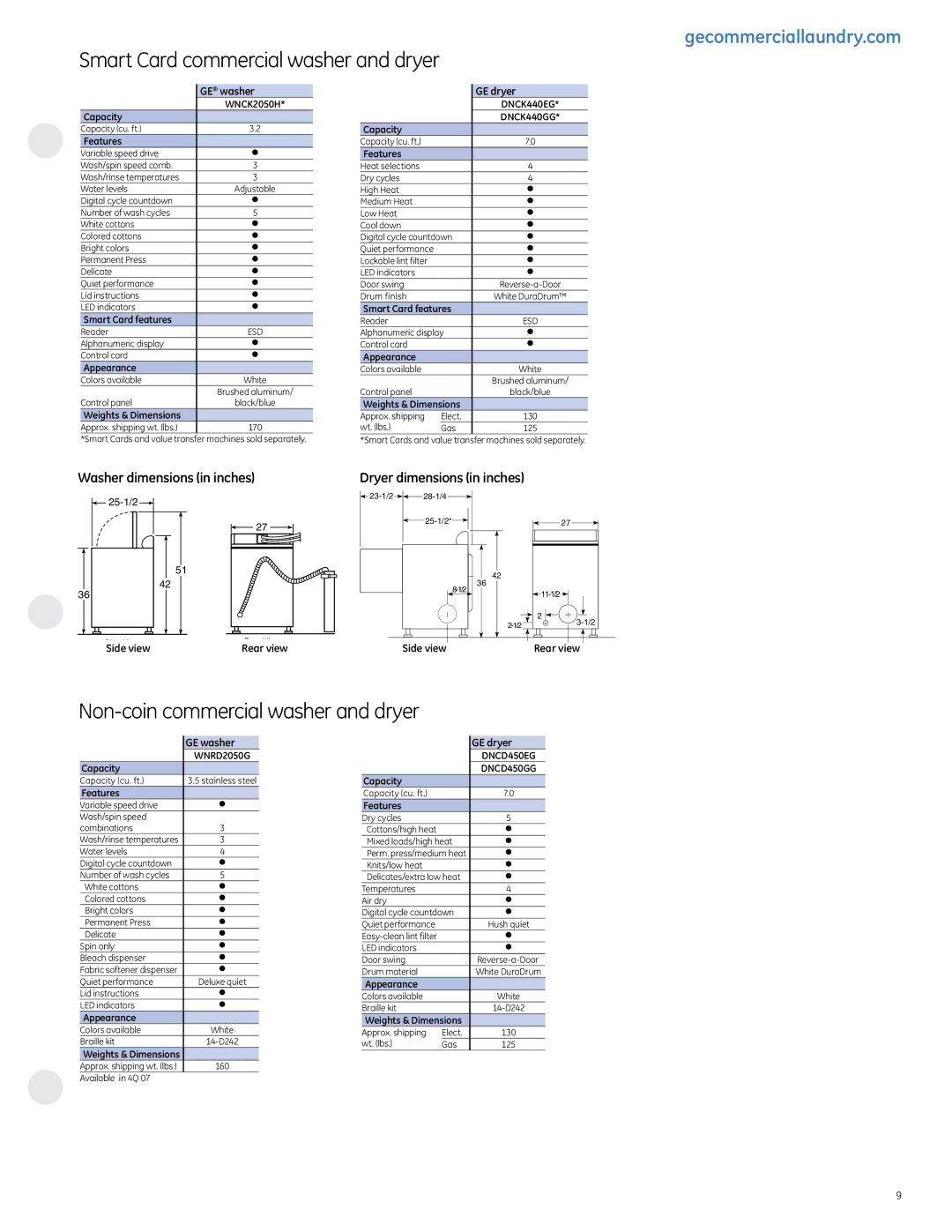 GE specifications Smart Card commercial washer and dryer, Non-coin commercial washer and dryer 