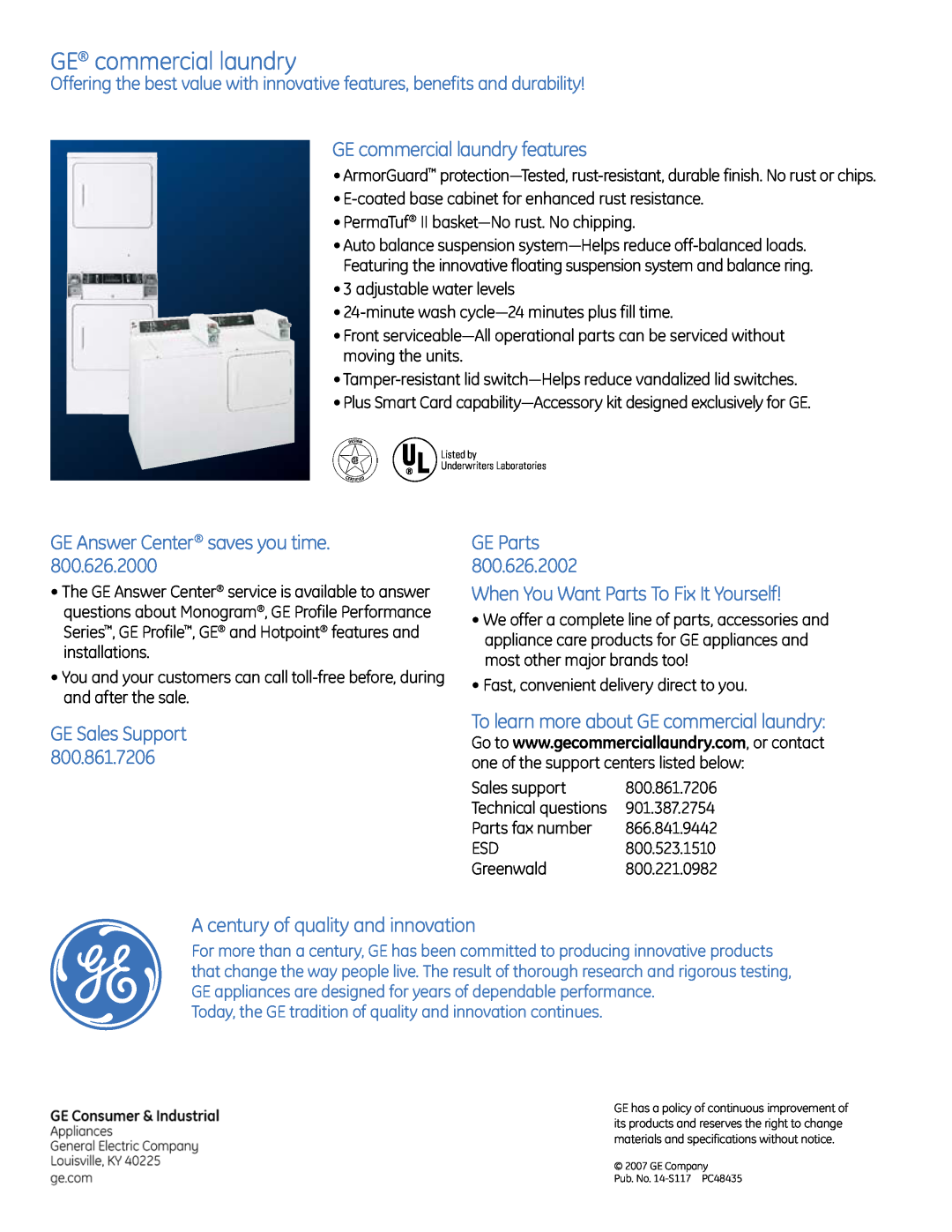 GE commercial washer GE commercial laundry features, GE Answer Center saves you time, GE Sales Support, 800.861.7206 