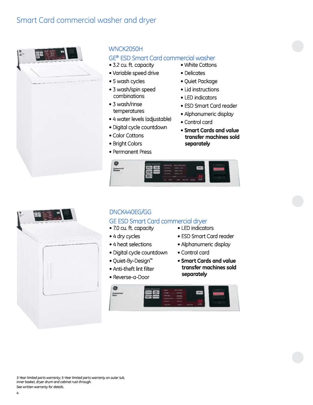 GE specifications Smart Card commercial washer and dryer, wnck2050H GE ESD Smart Card commercial washer 