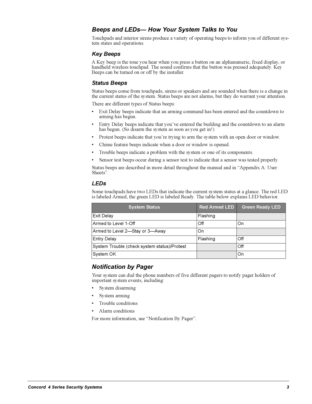 GE Concord 4 manual Beeps and LEDs- How Your System Talks to You, Notification by Pager, Key Beeps, Status Beeps 