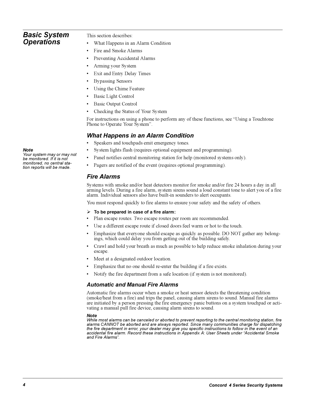 GE Concord 4 manual Basic System Operations, What Happens in an Alarm Condition, Automatic and Manual Fire Alarms 