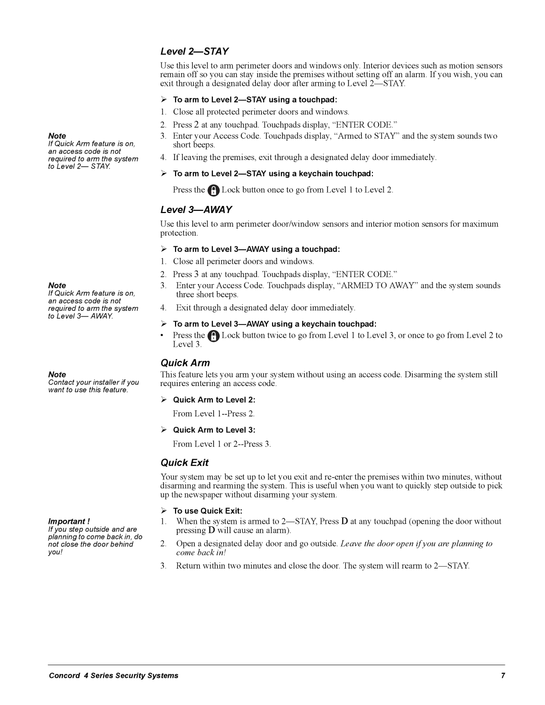 GE Concord 4 manual Level 2-STAY, Level 3-AWAY, Quick Arm, Quick Exit 