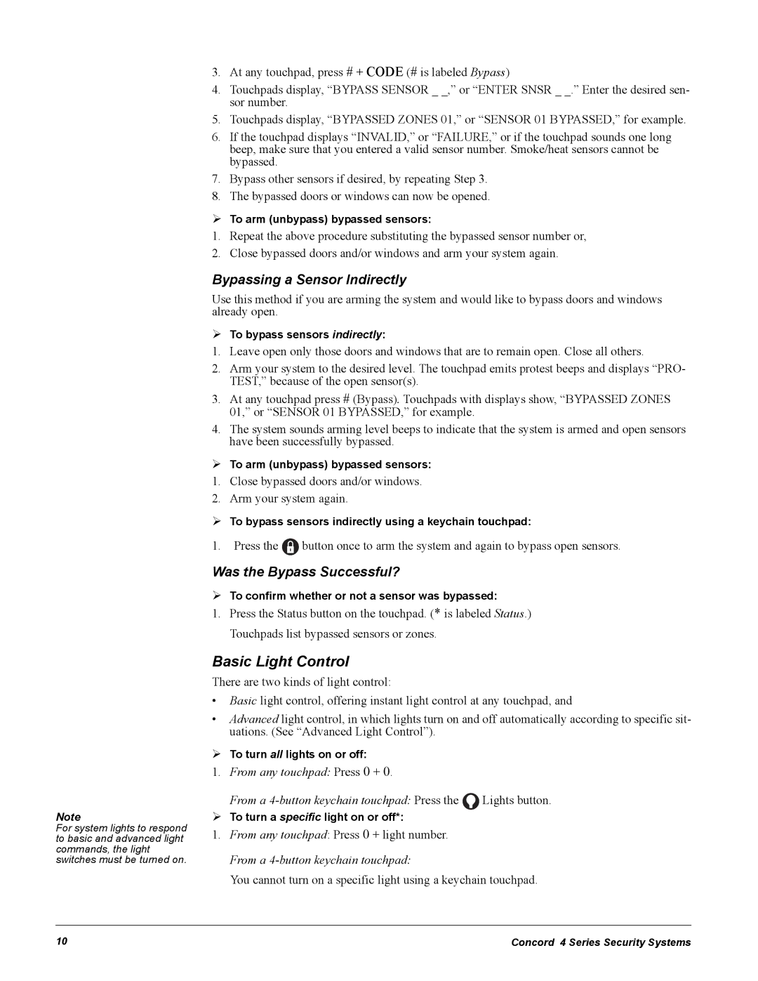 GE Concord 4 manual Basic Light Control, Bypassing a Sensor Indirectly, Was the Bypass Successful? 