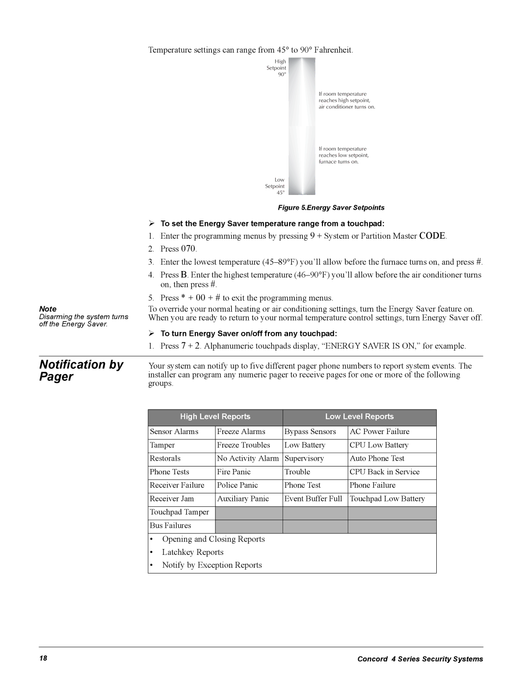 GE Concord 4 manual Temperature settings can range from 45 to 90 Fahrenheit, Energy Saver Setpoints 