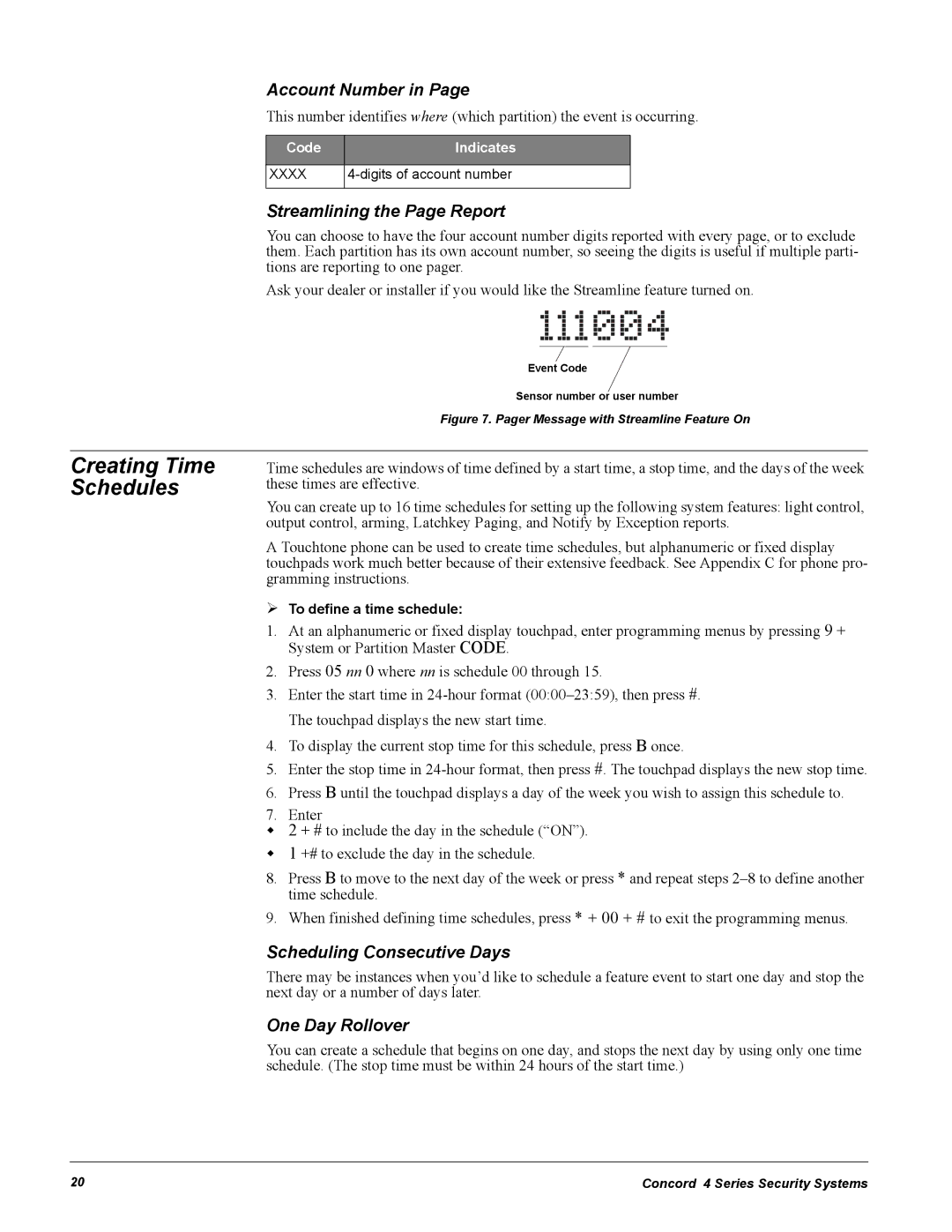 GE Concord 4 manual Creating Time Schedules, Account Number, Streamlining the Page Report, Scheduling Consecutive Days 