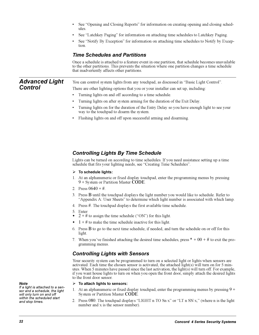 GE Concord 4 manual Time Schedules and Partitions, Controlling Lights By Time Schedule, Controlling Lights with Sensors 