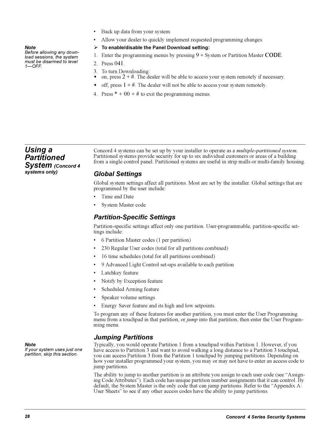 GE Concord 4 manual Using a Partitioned, Global Settings, Partition-Specific Settings, Jumping Partitions 