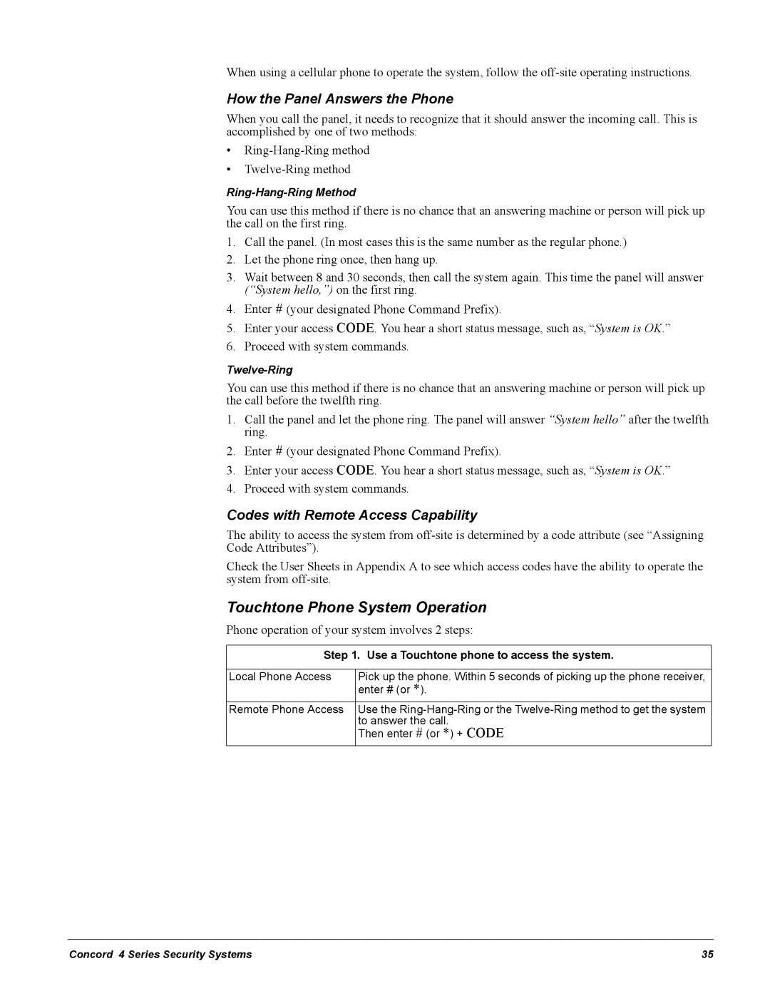 GE Concord 4 manual Touchtone Phone System Operation, How the Panel Answers the Phone, Codes with Remote Access Capability 