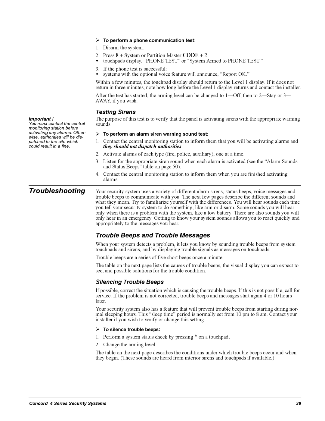 GE Concord 4 manual Troubleshooting, Trouble Beeps and Trouble Messages, Testing Sirens, Silencing Trouble Beeps 