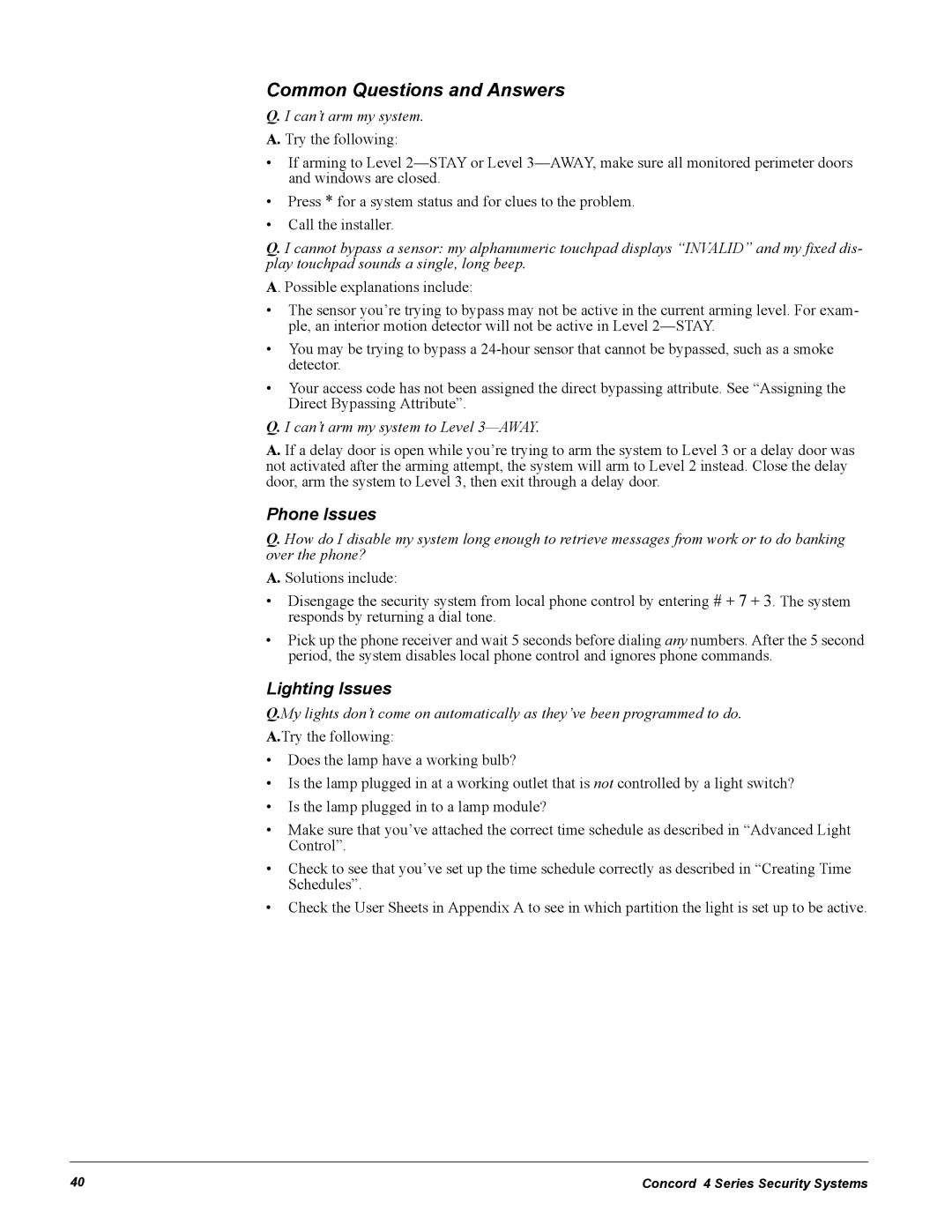 GE Concord 4 manual Common Questions and Answers, Phone Issues, Lighting Issues 