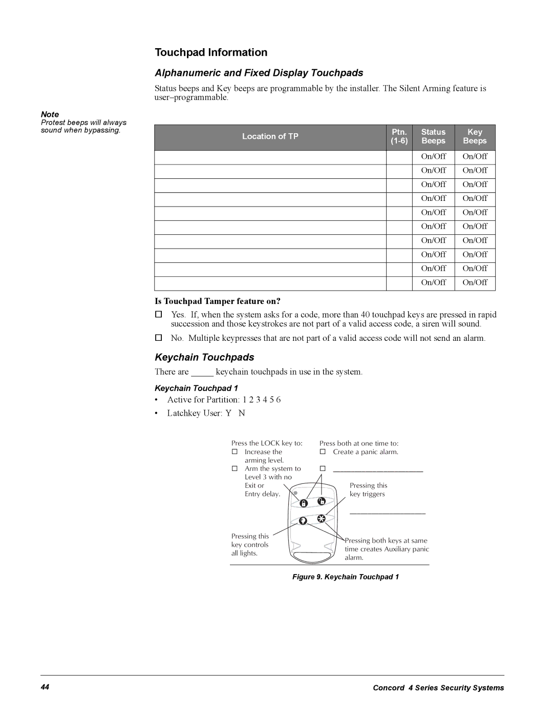 GE Concord 4 On/Off, There are keychain touchpads in use in the system, Active for Partition 1 2 3 4 5 Latchkey User Y N 