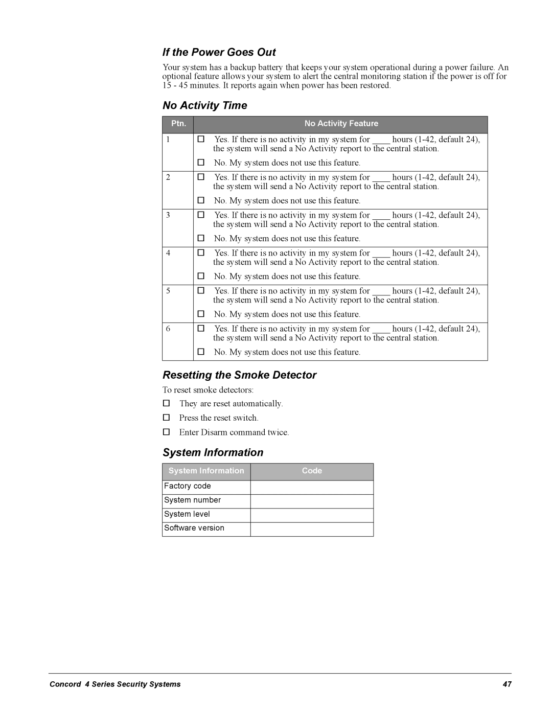 GE Concord 4 manual If the Power Goes Out, No Activity Time, Resetting the Smoke Detector, System Information 