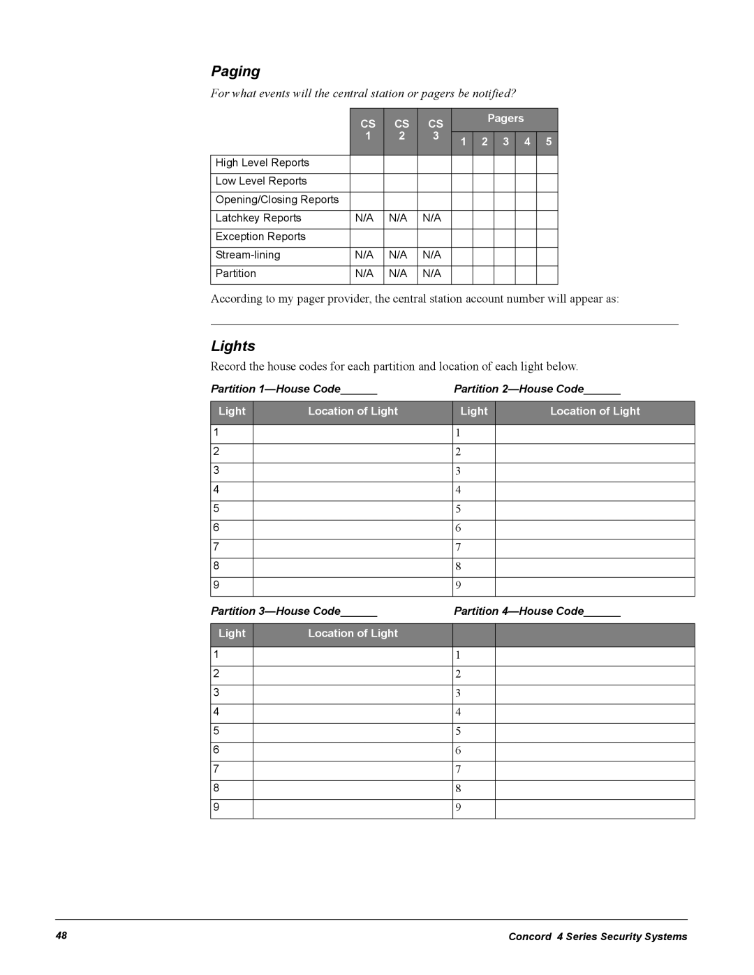 GE Concord 4 manual Paging, Lights 