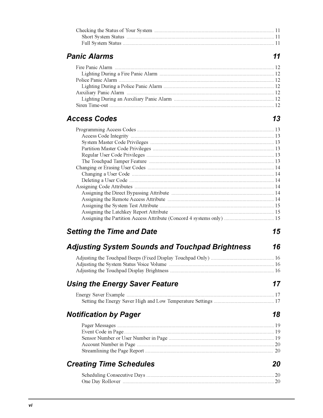 GE Concord 4 Panic Alarms, Access Codes, Using the Energy Saver Feature, Notification by Pager, Creating Time Schedules 