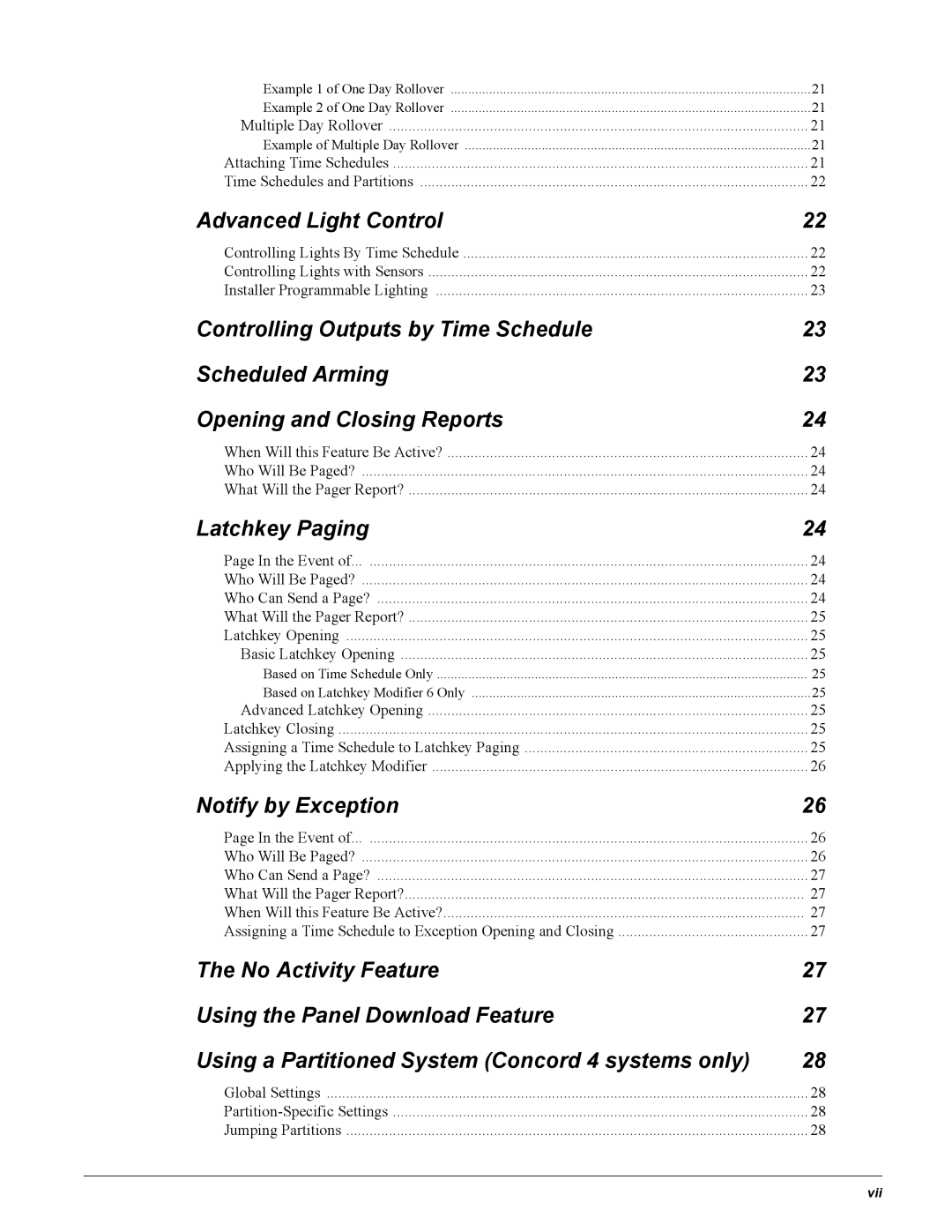 GE Concord 4 manual Advanced Light Control, Latchkey Paging, Notify by Exception, Multiple Day Rollover 