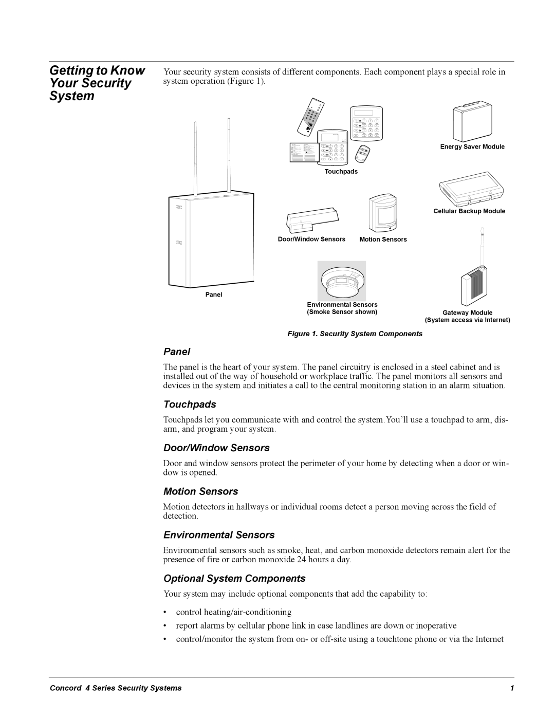GE Concord 4 manual Getting to Know Your Security System, Panel, Touchpads, Door/Window Sensors, Motion Sensors 