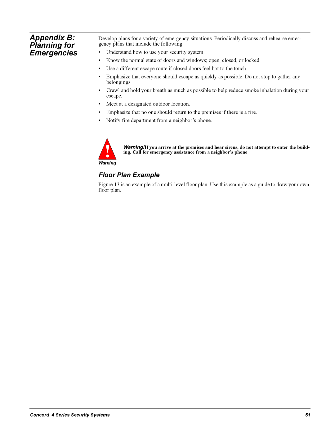 GE Concord 4 manual Appendix B Planning for Emergencies, Floor Plan Example 