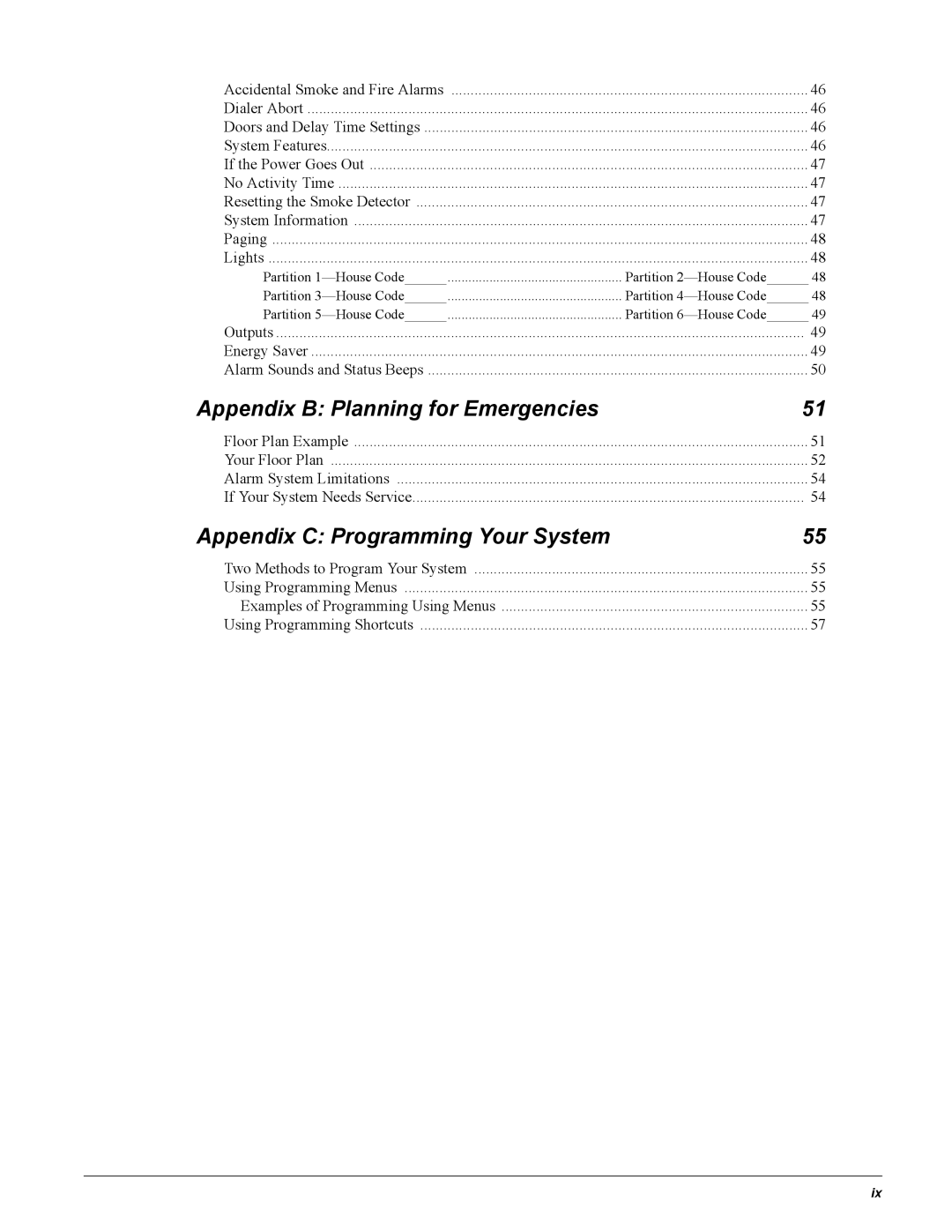 GE Concord 4 manual Appendix B Planning for Emergencies, Appendix C Programming Your System 