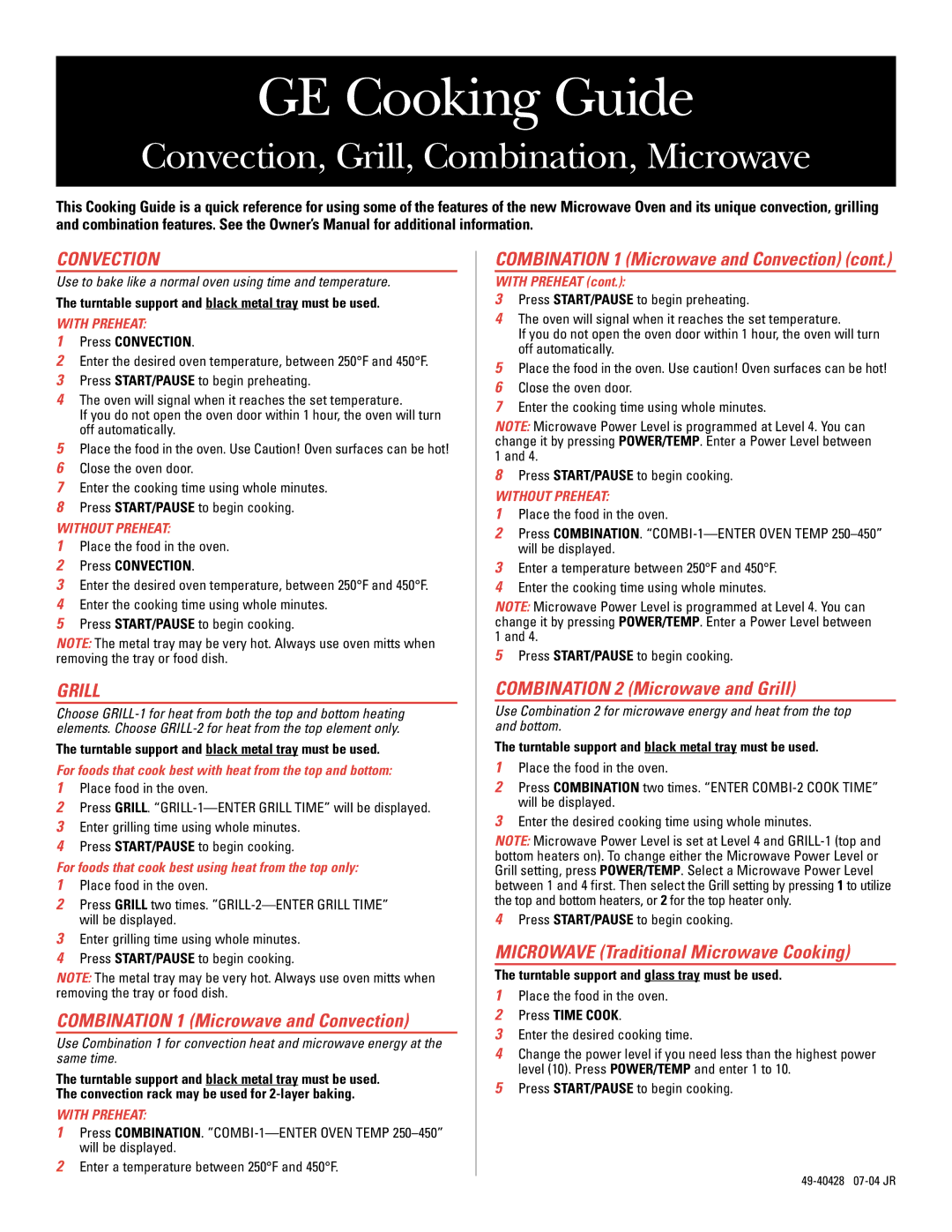 GE Convection Grill Combination Microwave Cooking Guide owner manual Combination 1 Microwave and Convection 