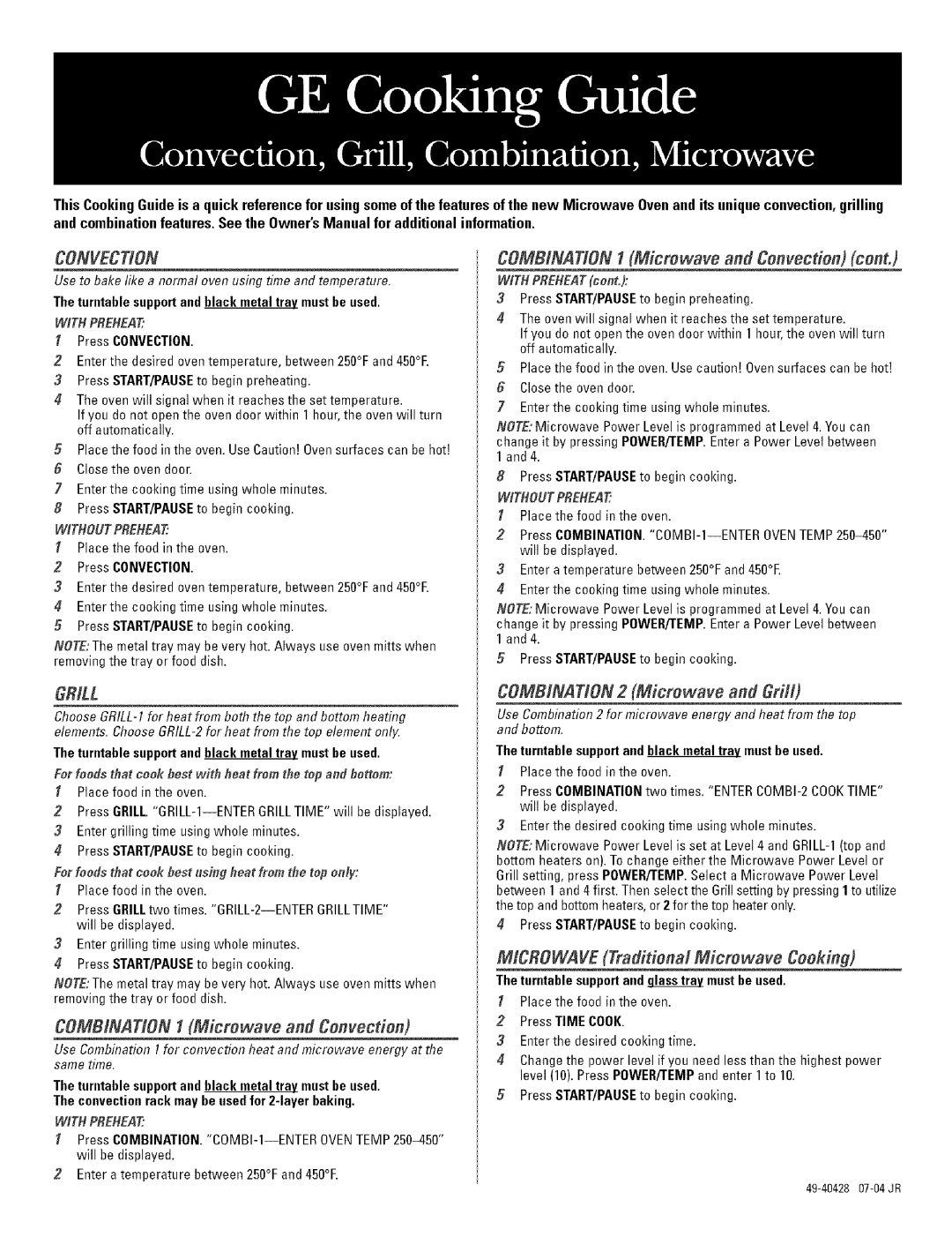 GE Convection Oven owner manual COMBiNATiON 1 Microwave and Convection, COMBiNATiON l Microwave and Convection 