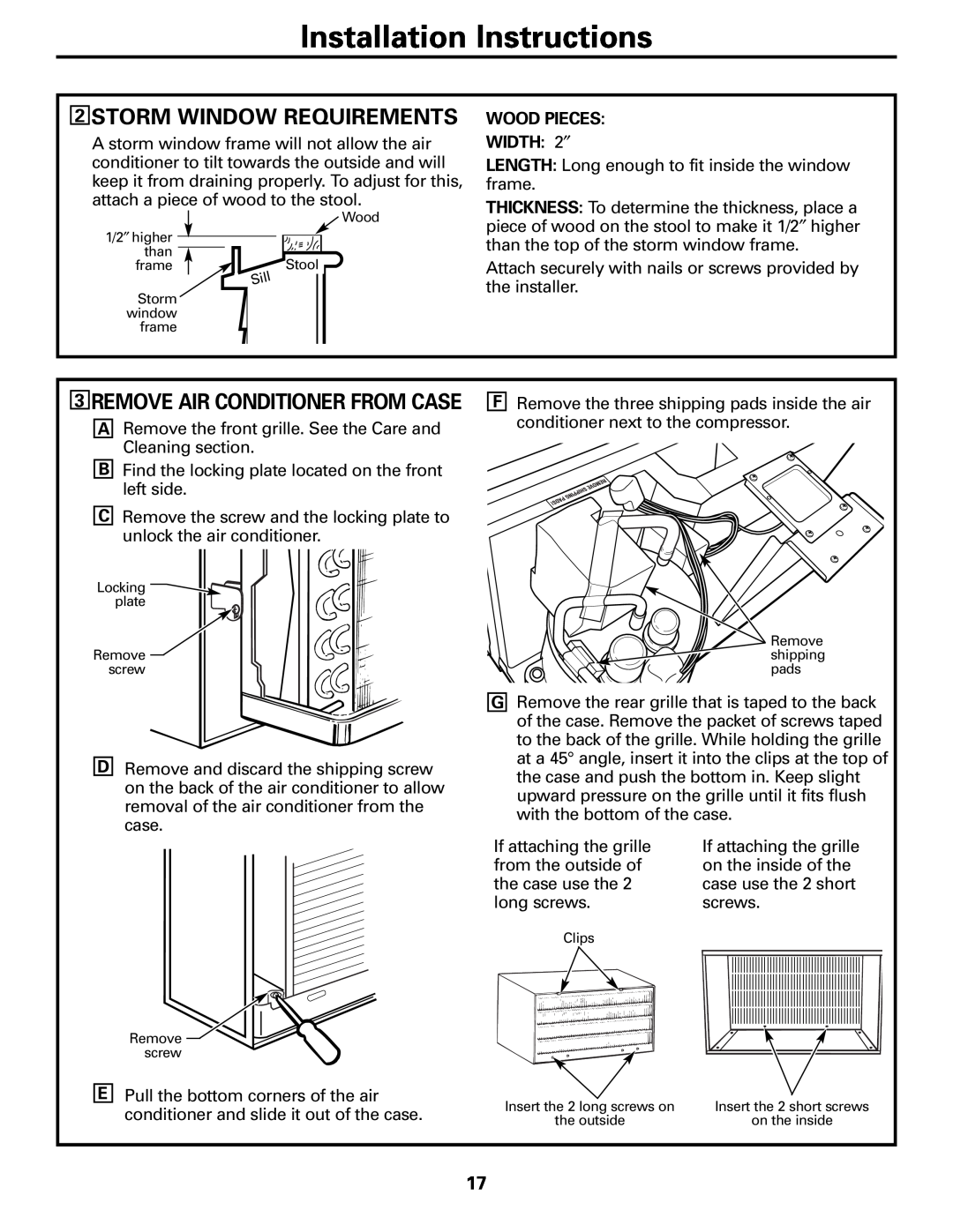 GE Cool Only 2STORM WINDOW REQUIREMENTS, Installation Instructions, 3REMOVE AIR CONDITIONER FROM CASE 
