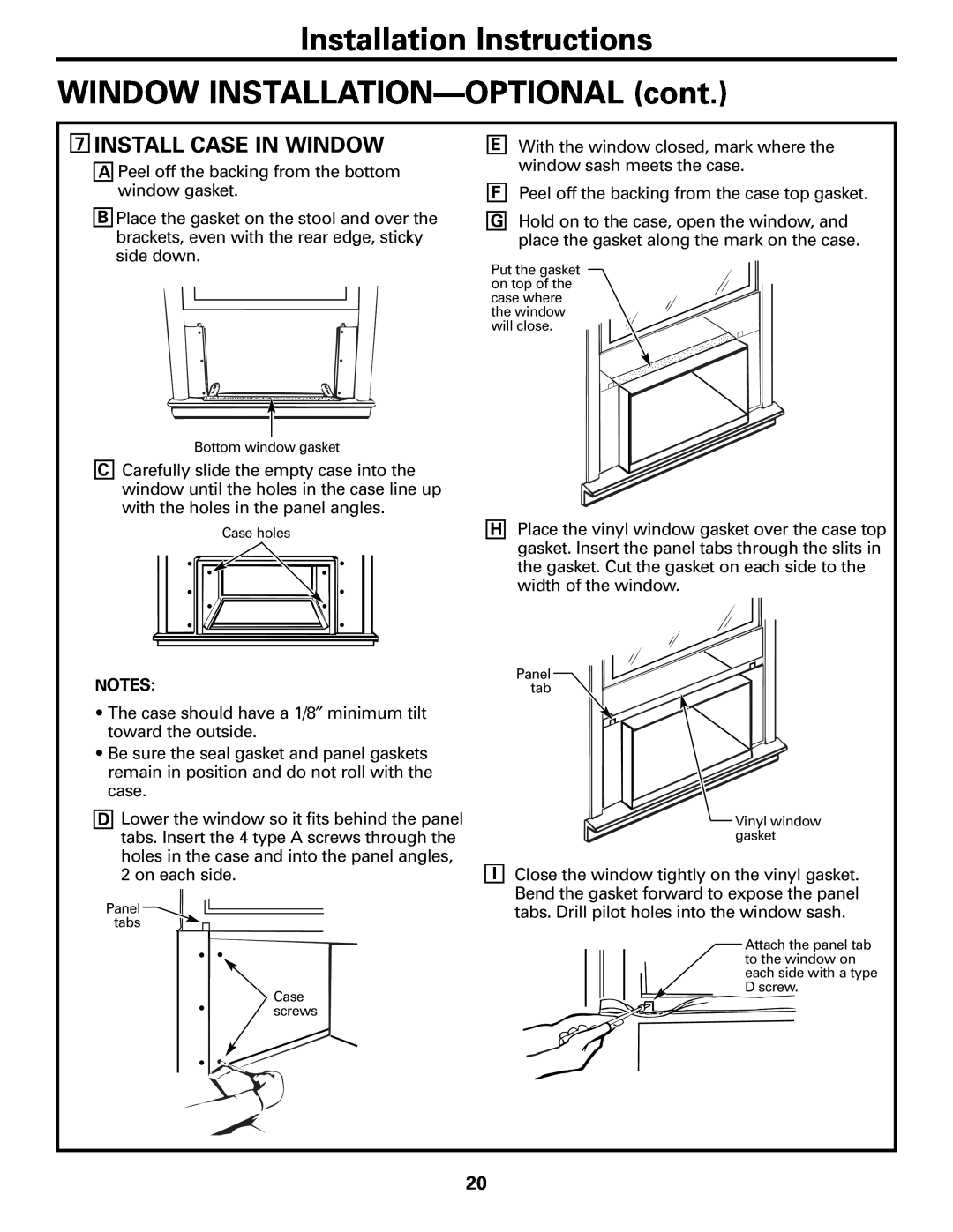 GE Cool Only installation instructions 7INSTALL CASE IN WINDOW, Installation Instructions, WINDOW INSTALLATION—OPTIONALcont 