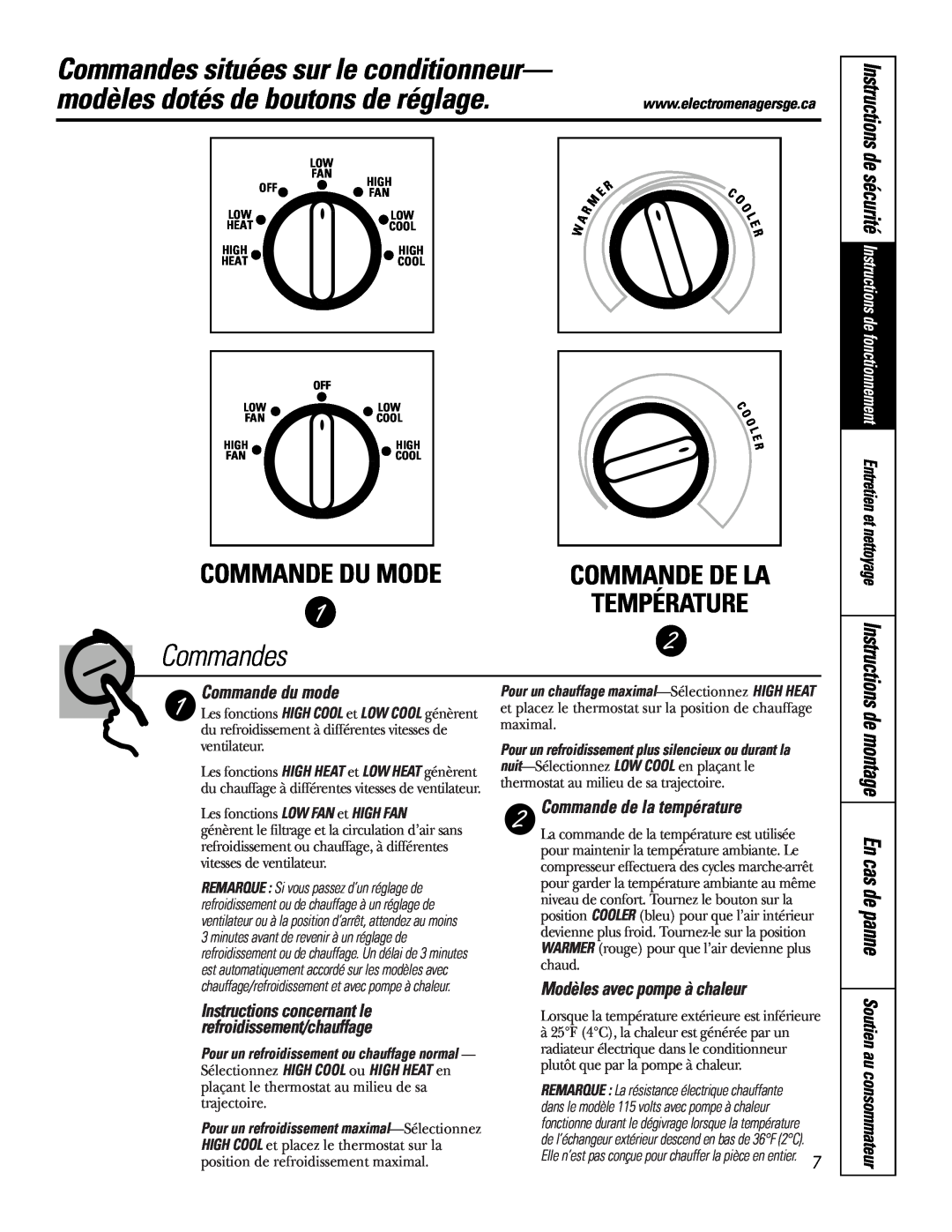 GE modèles dotés de boutons de réglage, Commandes situées sur le conditionneur, Commande Du Mode, Commande De La, E R C O 