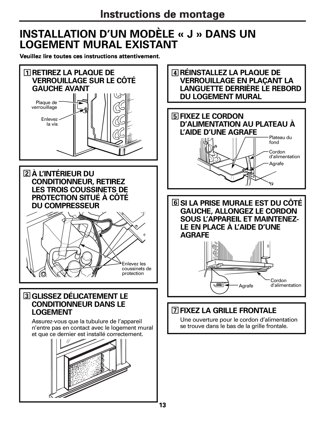GE Cool Only installation instructions L’Aide D’Une Agrafe, 7FIXEZ LA GRILLE FRONTALE, Instructions de montage 