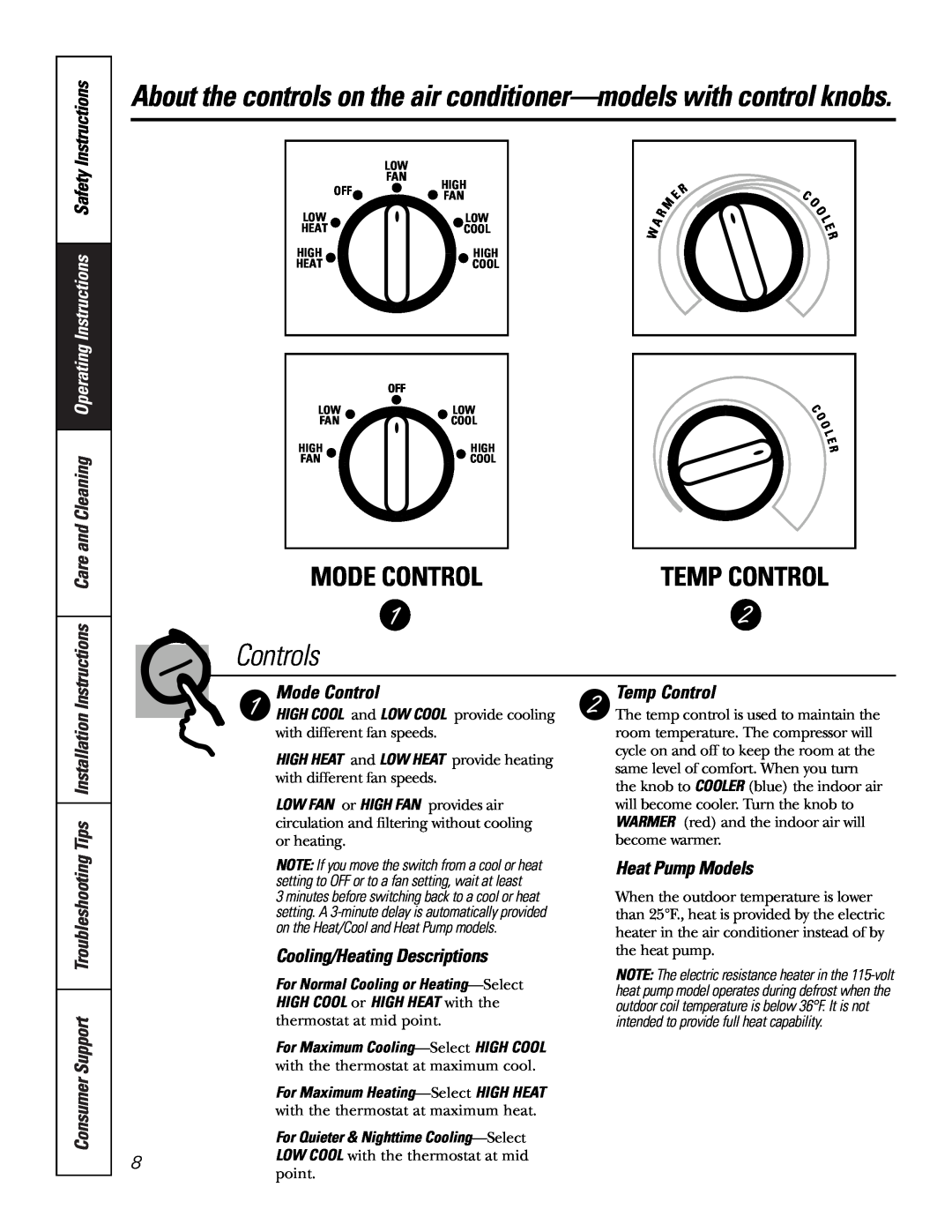 GE Cool Only Mode Control, Temp Control, Controls, Cooling/Heating Descriptions, Heat Pump Models, E R C O, High 