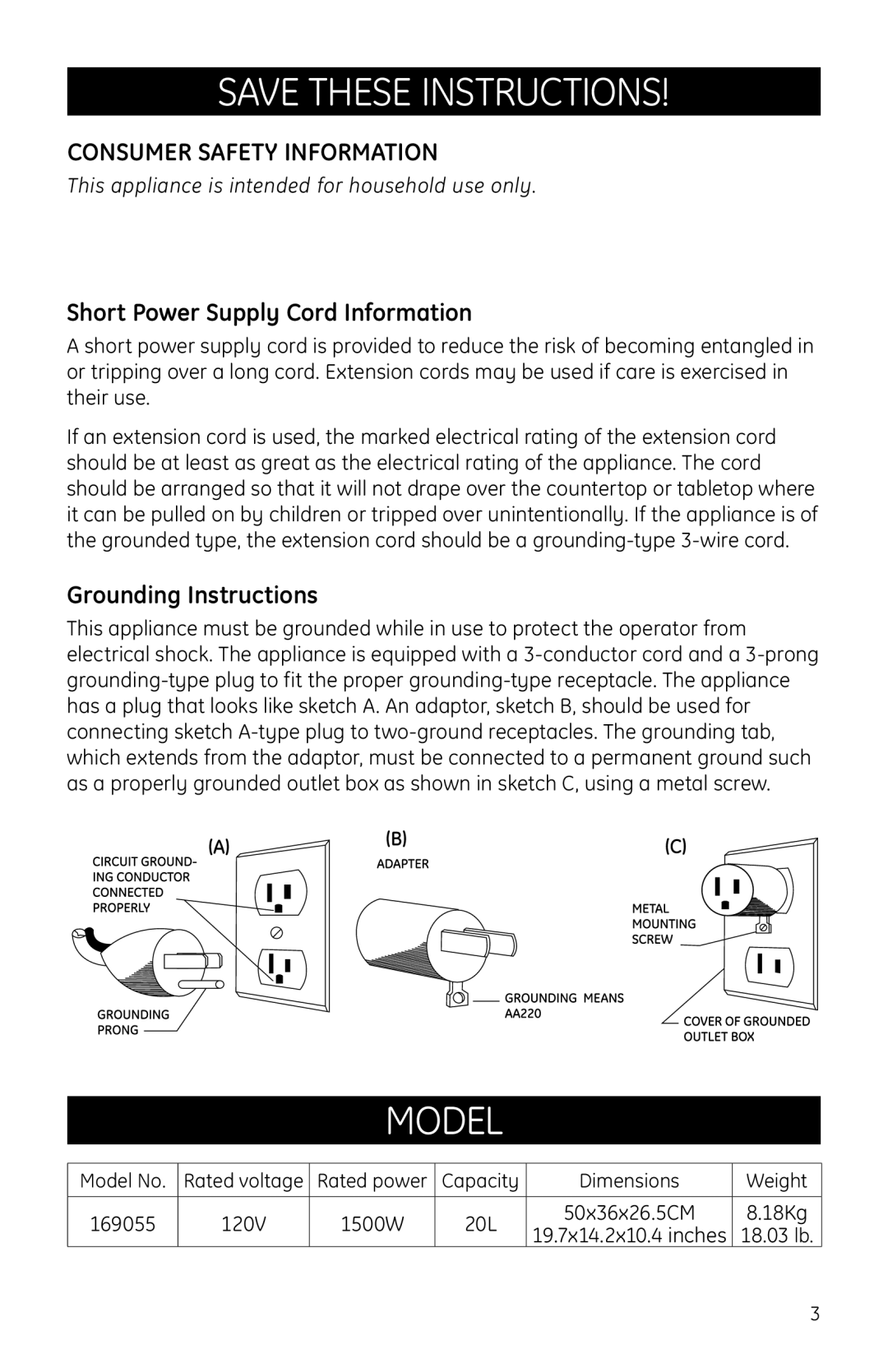 GE Countertop Oven manual Model, Consumer Safety Information, Short Power Supply Cord Information, Grounding Instructions 