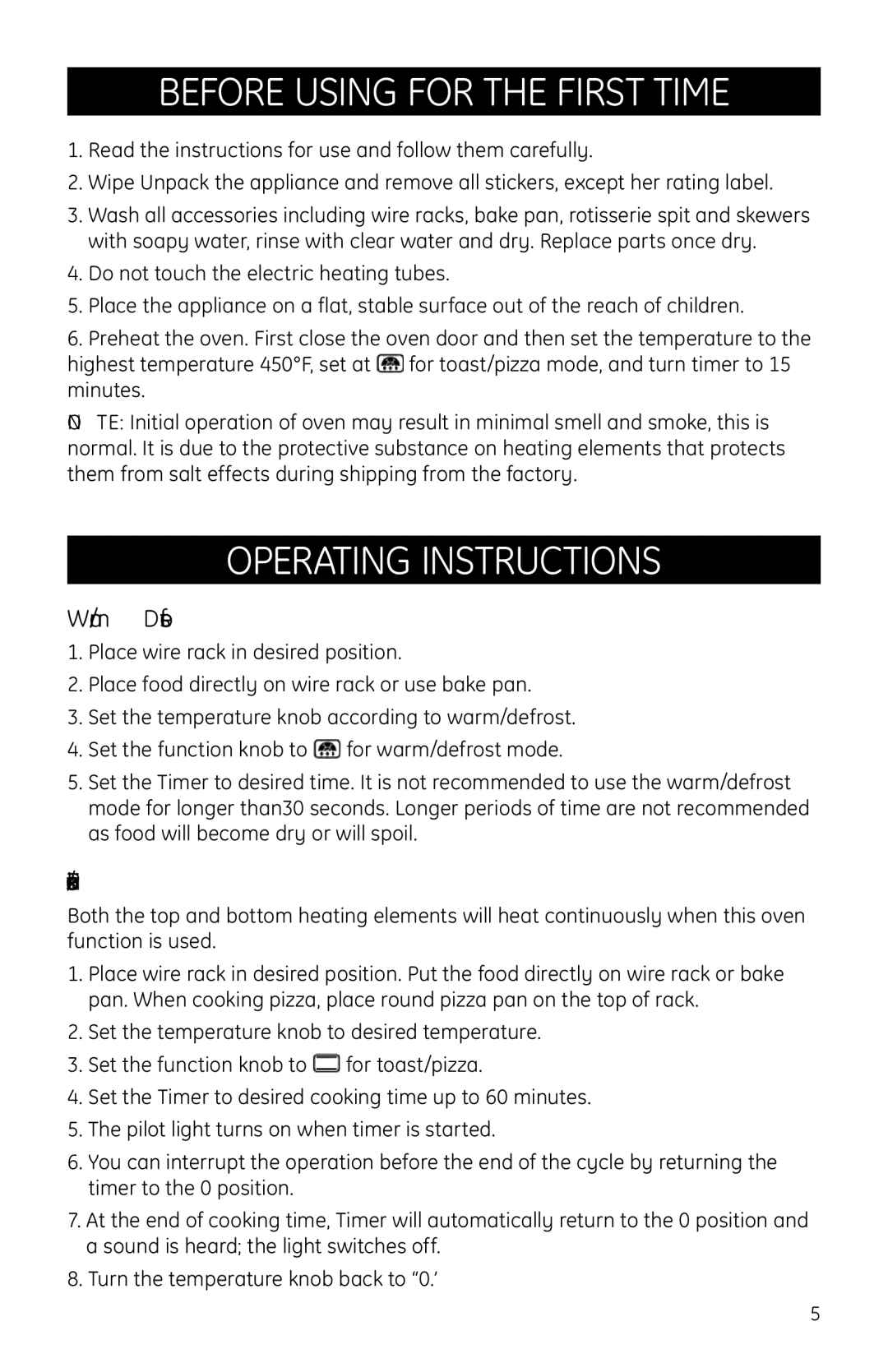 GE Countertop Oven manual Before using for the first time, Operating instructions, Warm/Defrost, Toast/Pizza 