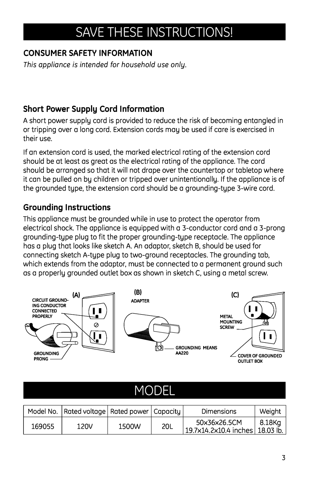 GE Countertop Oven manual Save These Instructions, Model, Consumer Safety Information, Short Power Supply Cord Information 