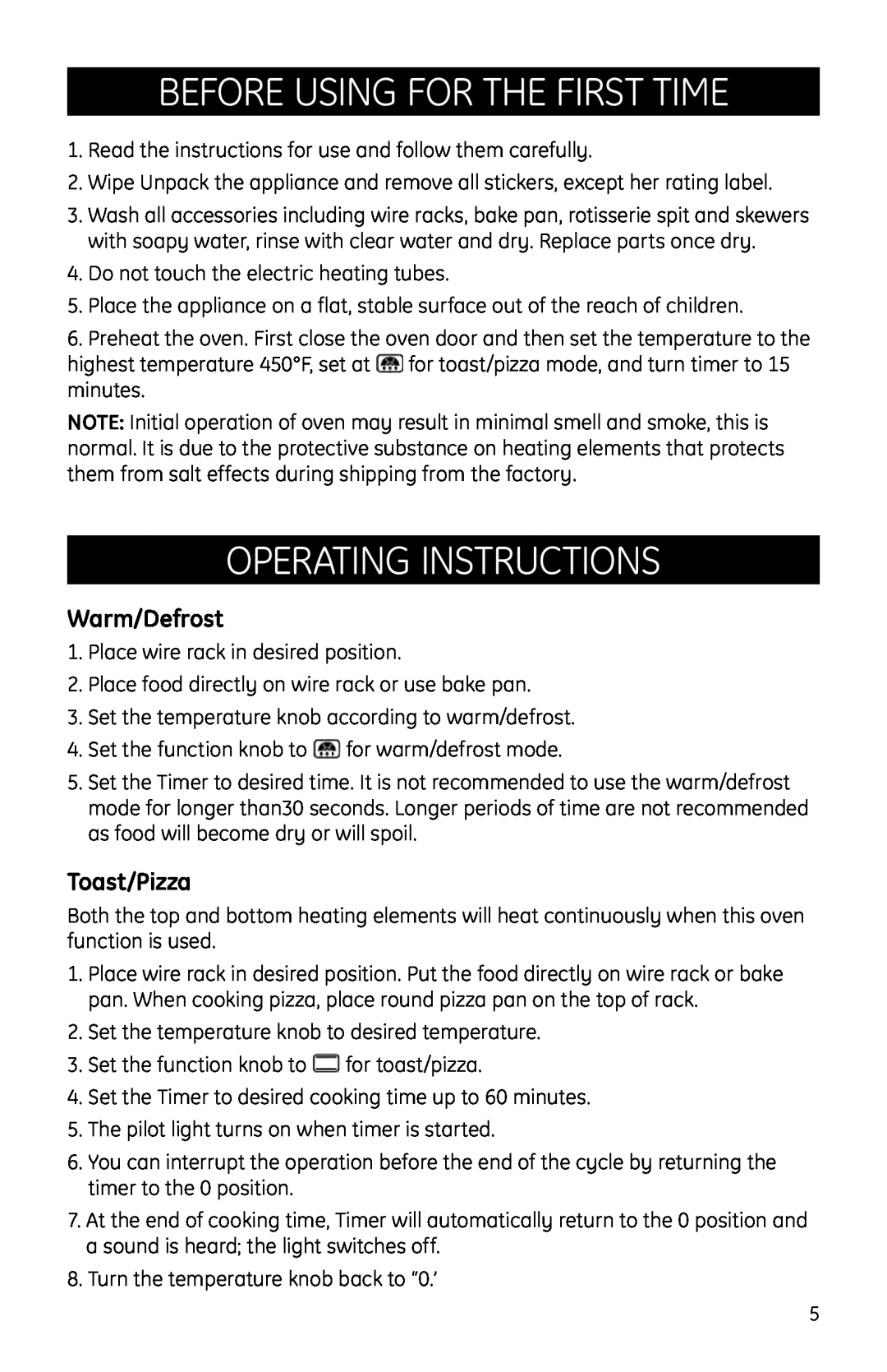 GE Countertop Oven manual before using for the first time, operating instructions, Warm/Defrost, Toast/Pizza 