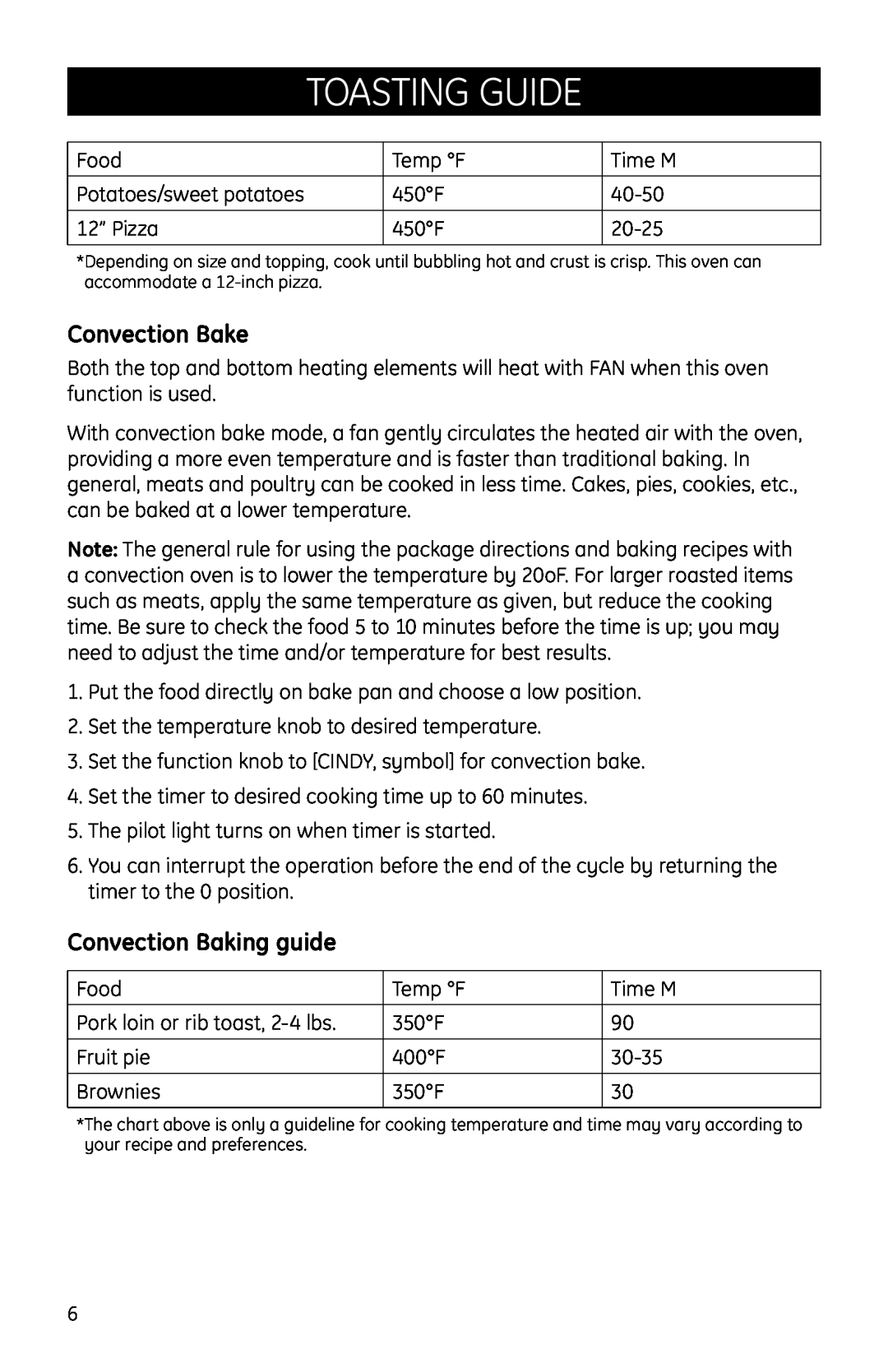 GE Countertop Oven manual Toasting Guide, Convection Bake, Convection Baking guide 