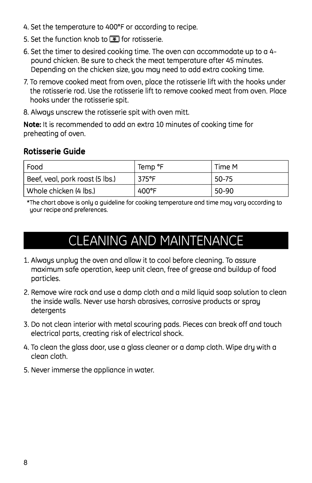 GE Countertop Oven manual Cleaning and Maintenance, Rotisserie Guide 