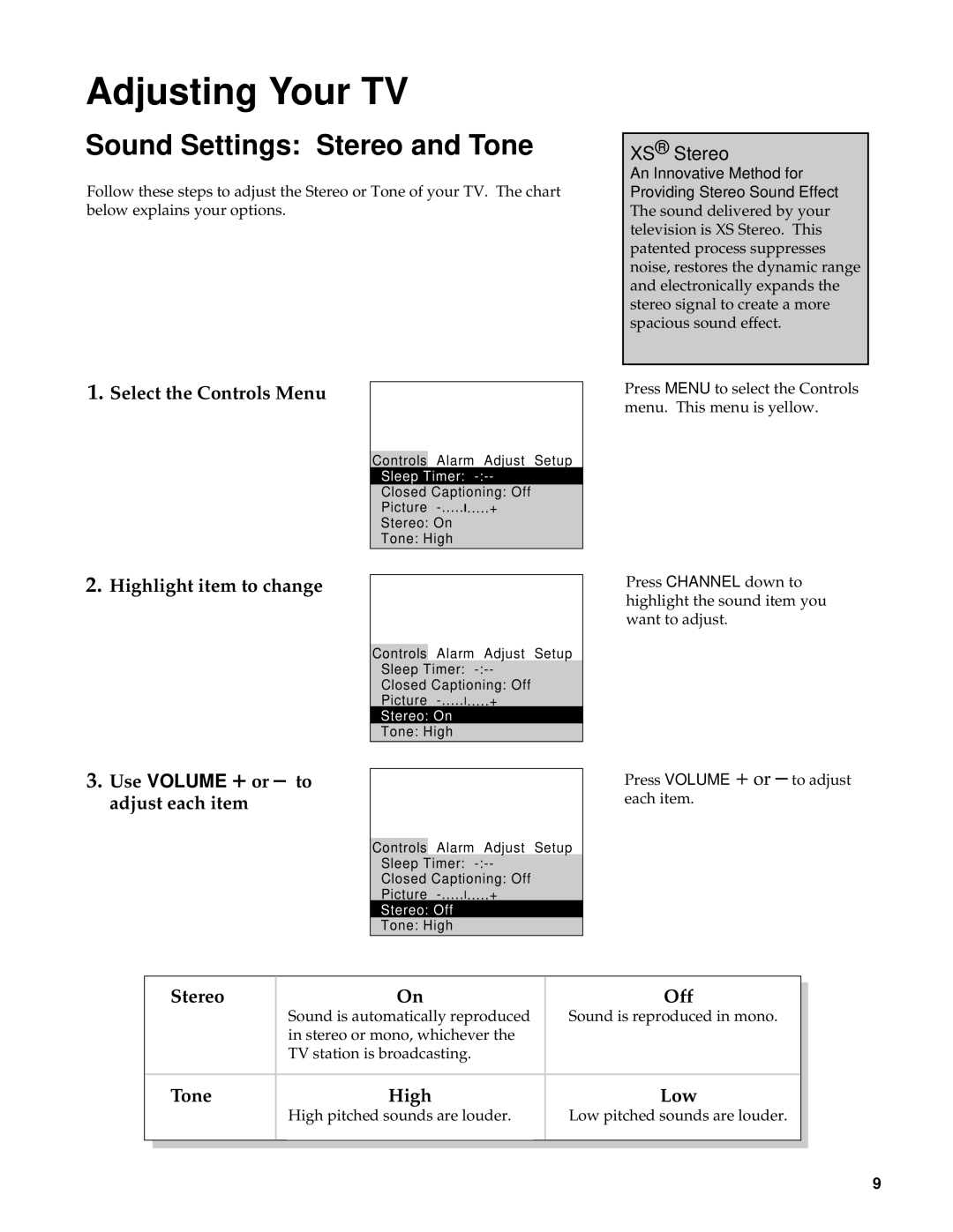 GE CRT Television manual Sound Settings Stereo and Tone, XS Stereo, Stereo Off, Tone High Low 