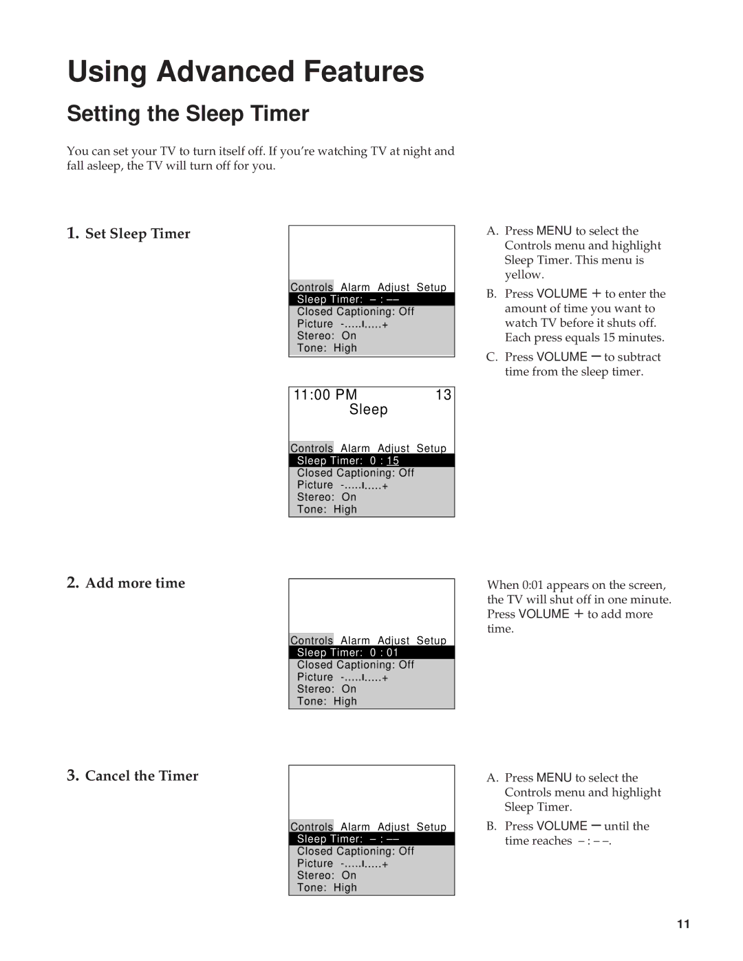 GE CRT Television manual Setting the Sleep Timer, Set Sleep Timer, Add more time, PM Sleep, Cancel the Timer 