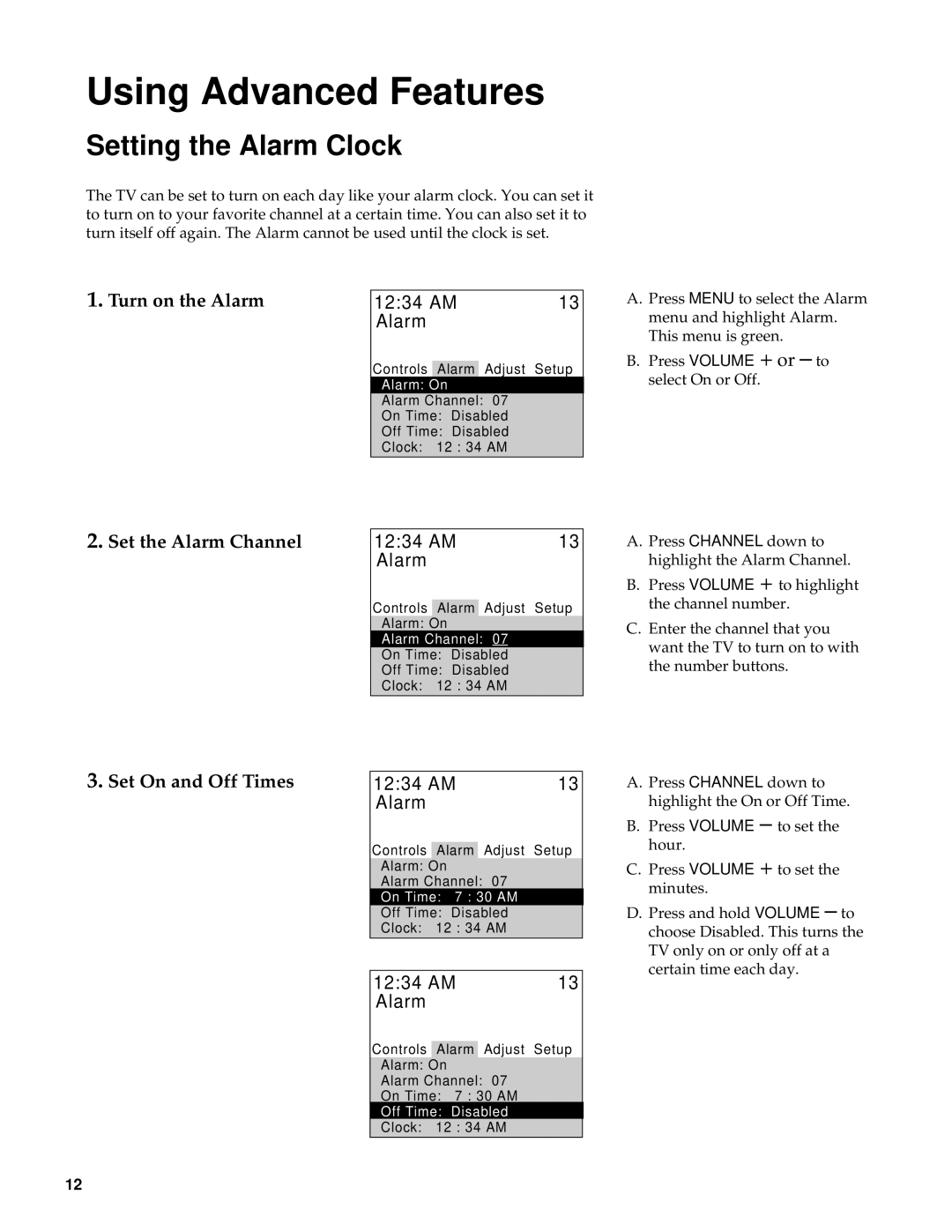 GE CRT Television manual Setting the Alarm Clock, Turn on the Alarm, AM Alarm, Set the Alarm Channel, Set On and Off Times 