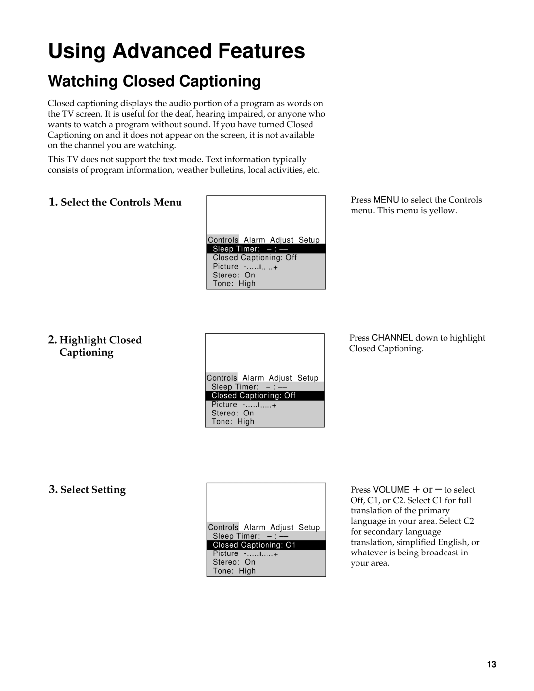 GE CRT Television manual Watching Closed Captioning, Highlight Closed Captioning, Select Setting 