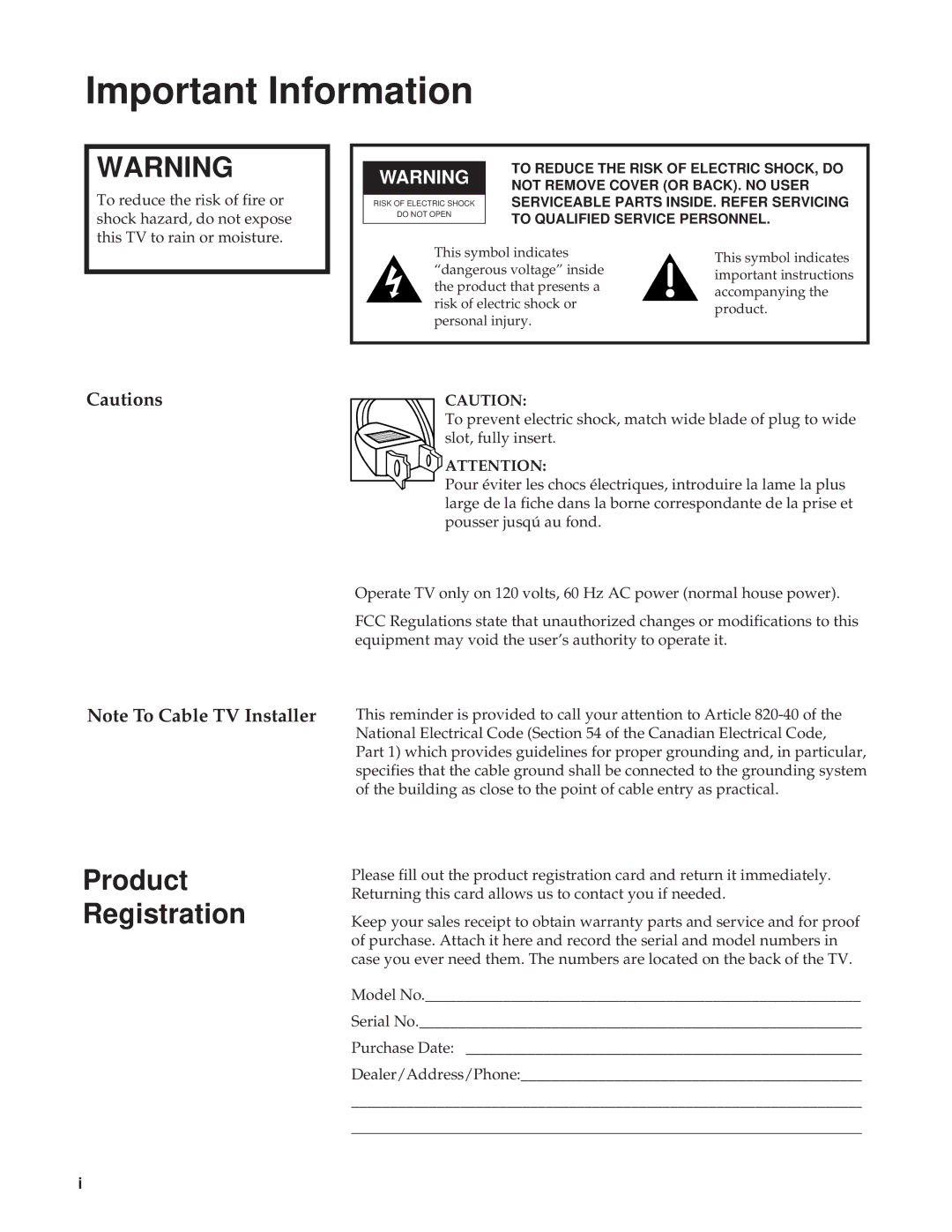 GE CRT Television manual Important Information, Product Registration 