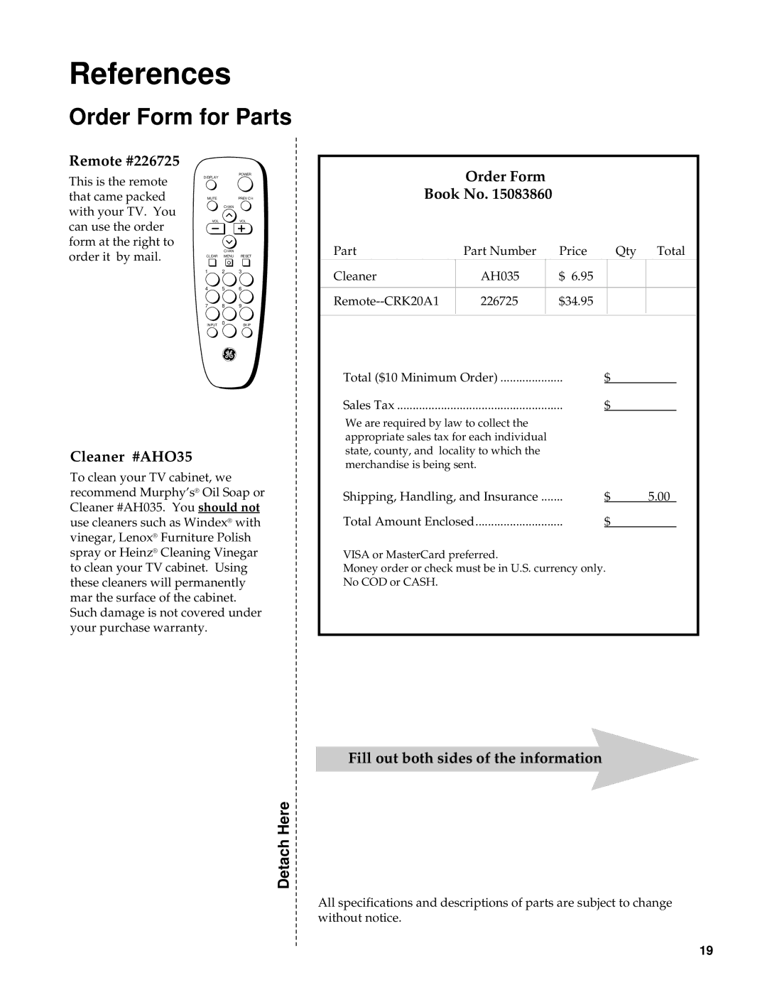 GE CRT Television manual Order Form for Parts, Remote #226725, Order Form Book No, Cleaner #AHO35 