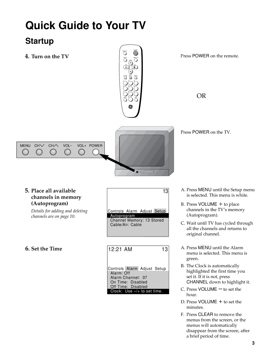 GE CRT Television manual Turn on the TV, Place all available channels in memory Autoprogram, Set the Time, 1221 AM 