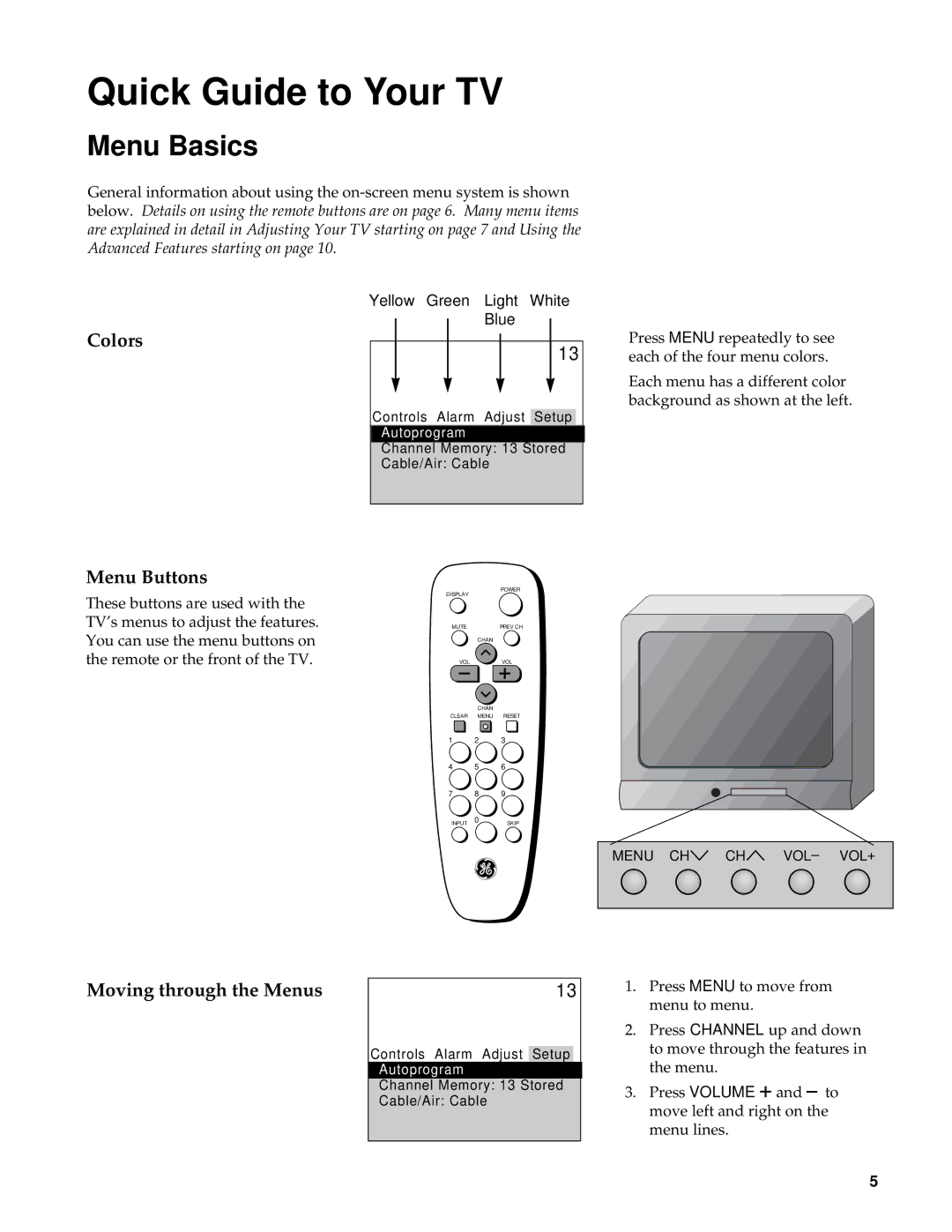 GE CRT Television manual Menu Basics, Colors, Moving through the Menus 