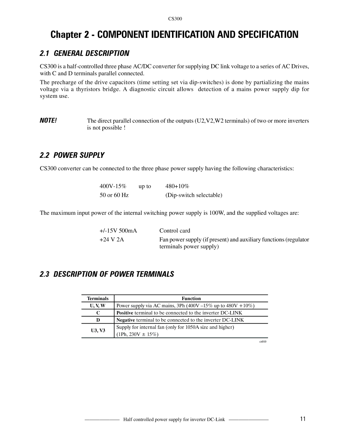 GE CS300 manual General Description, Power Supply, Description of Power Terminals, Function, 1Ph, 230V ± 15% 