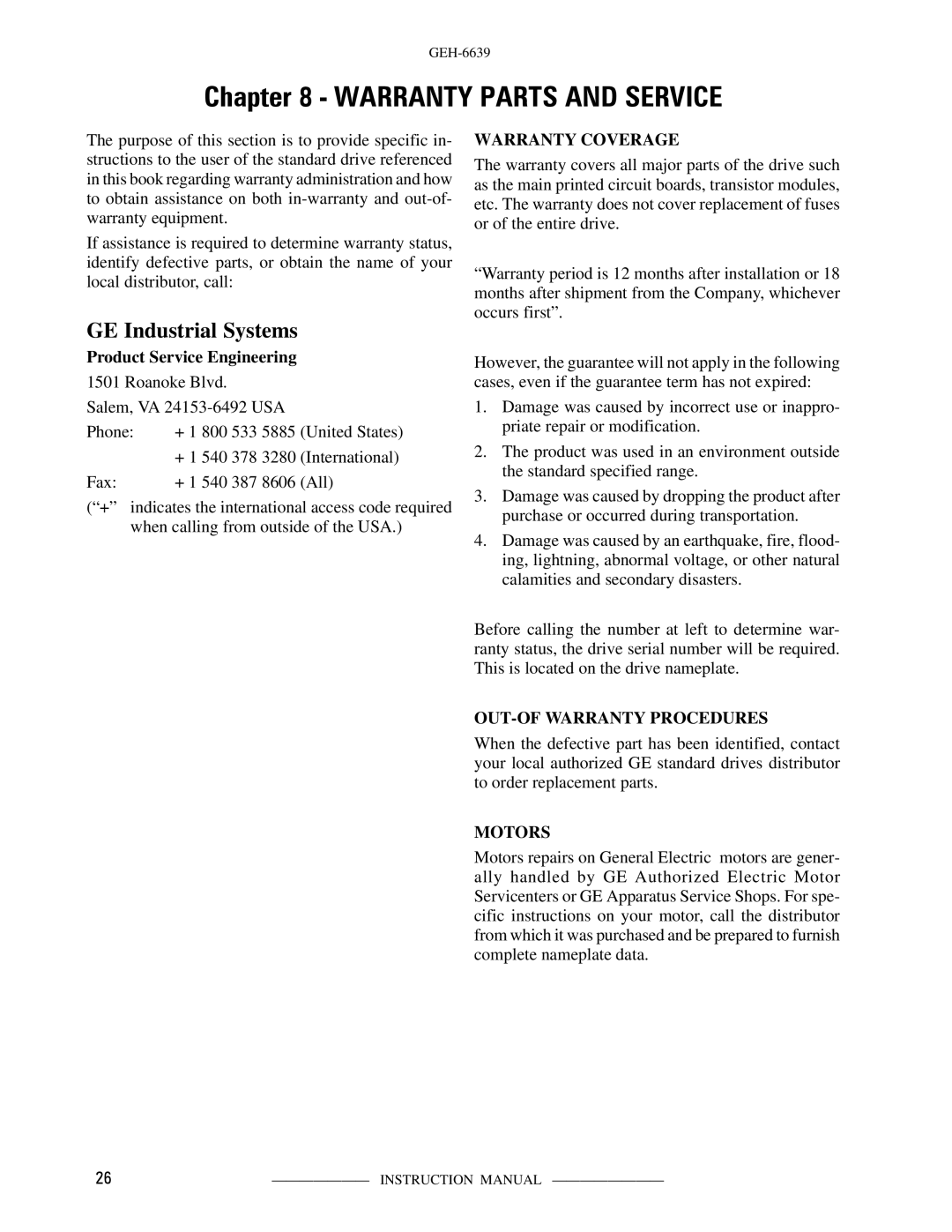 GE CS300 manual Warranty Parts and Service, GE Industrial Systems 