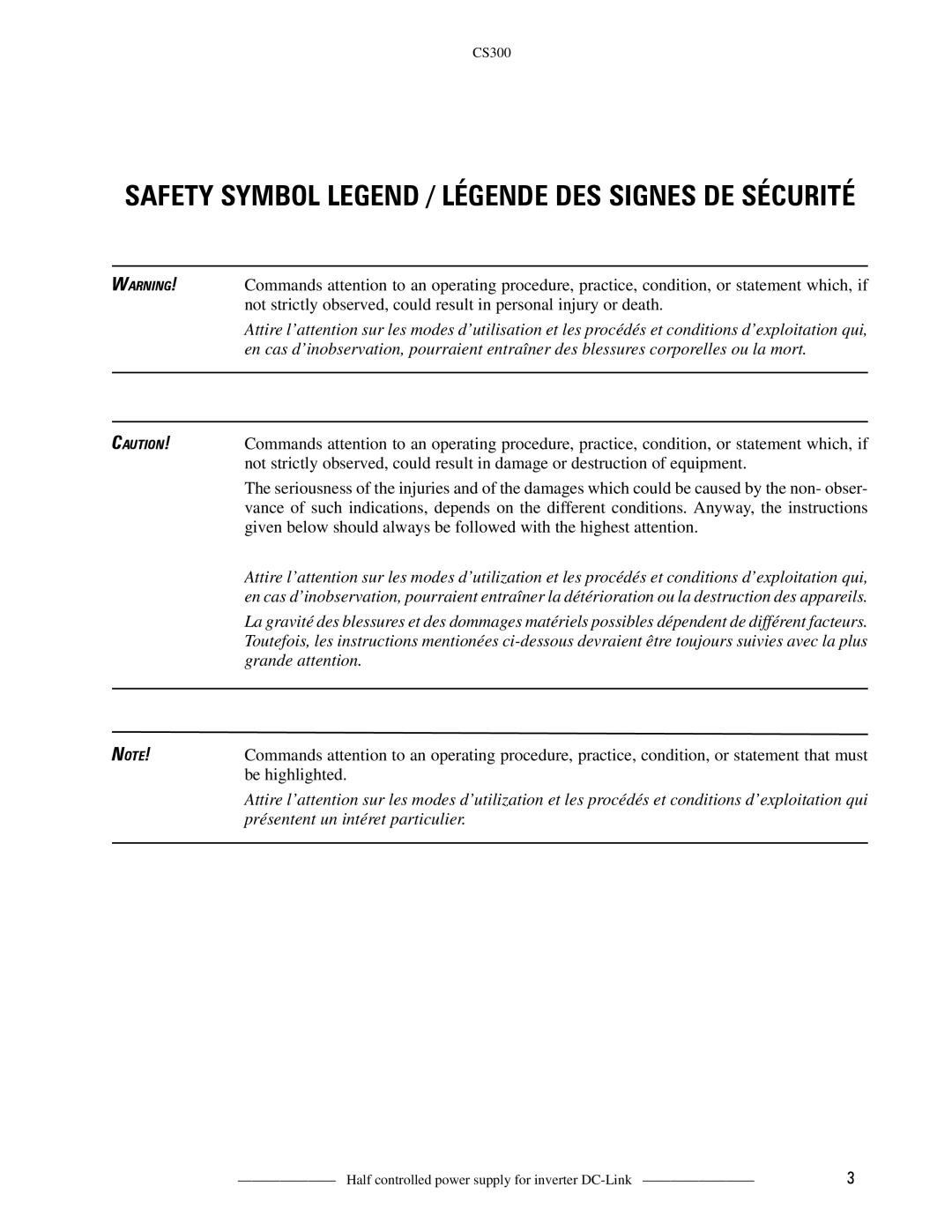 GE CS300 manual Safety Symbol Legend / Légende DES Signes DE Sécurité 