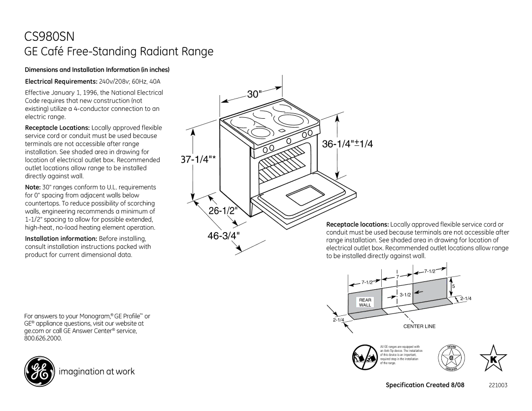 GE CS980SN installation instructions GE Café Free-Standing Radiant Range, 37-1/4 26-1/2 46-3/4 36-1/4+1/4, Center Line 