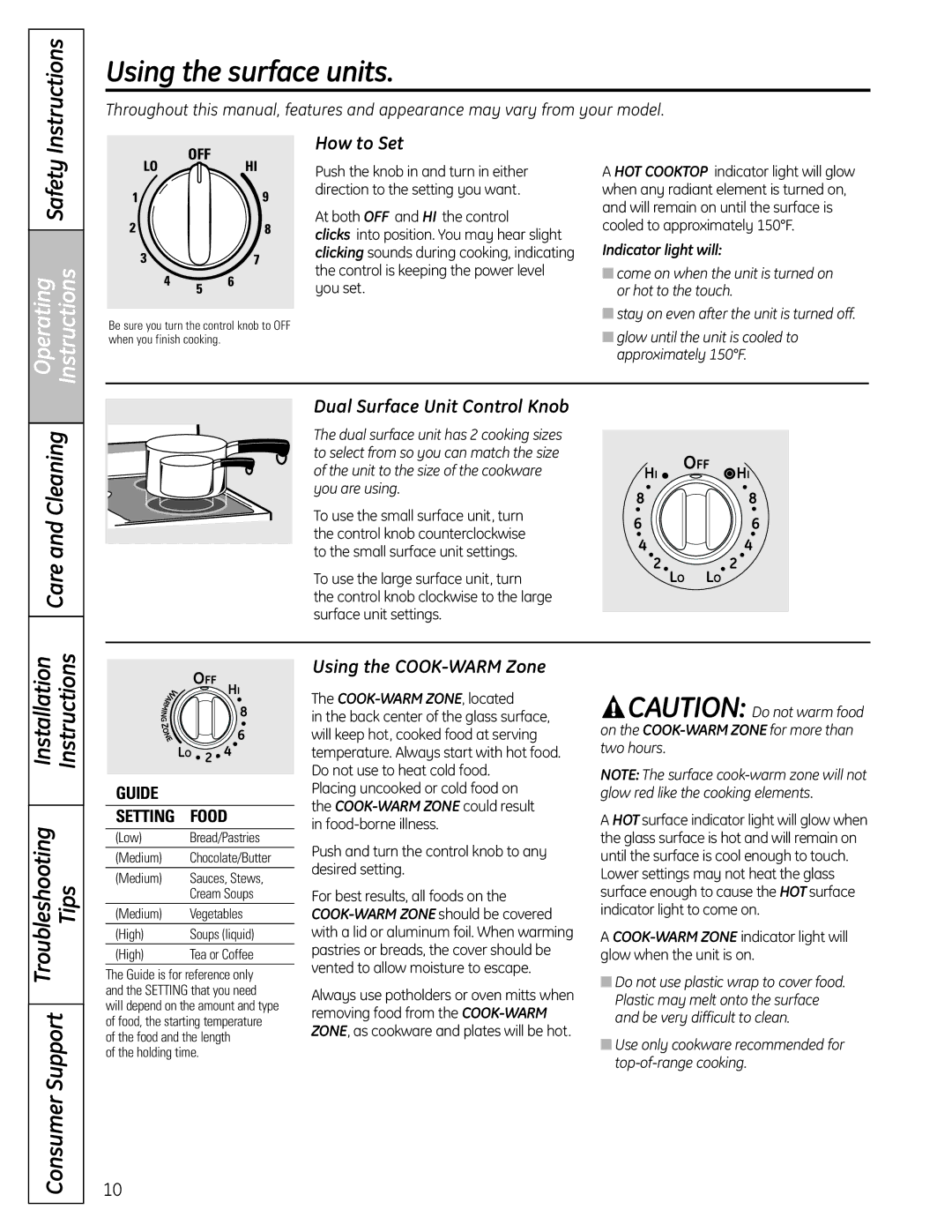 GE CS980SNSS installation instructions How to Set, COOK-WARM ZONE, located 