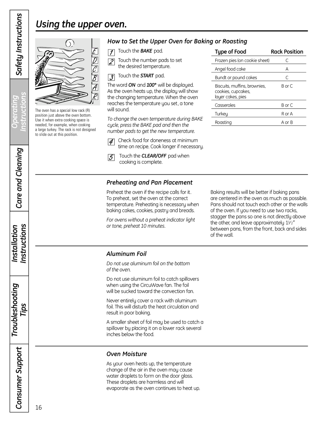 GE CS980SNSS How to Set the Upper Oven for Baking or Roasting, Preheating and Pan Placement, Aluminum Foil, Oven Moisture 